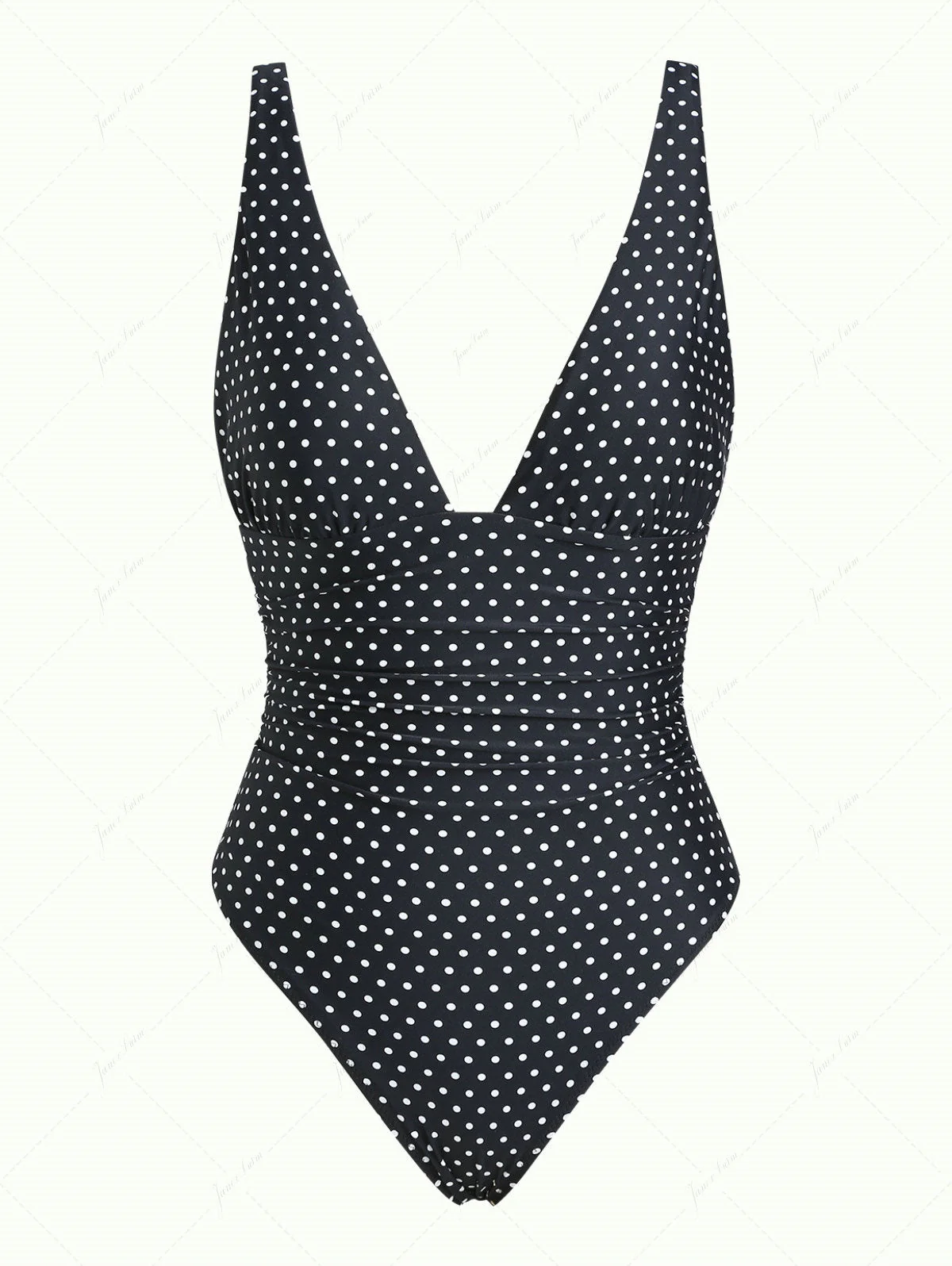 Schwarzer Badeanzug mit Polka-Dot-Muster, Raffungen und tiefem Ausschnitt