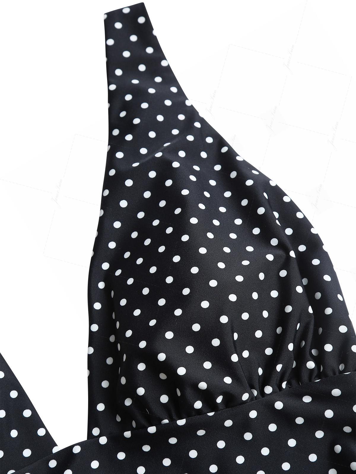 Schwarzer Badeanzug mit Polka-Dot-Muster, Raffungen und tiefem Ausschnitt - Image 4
