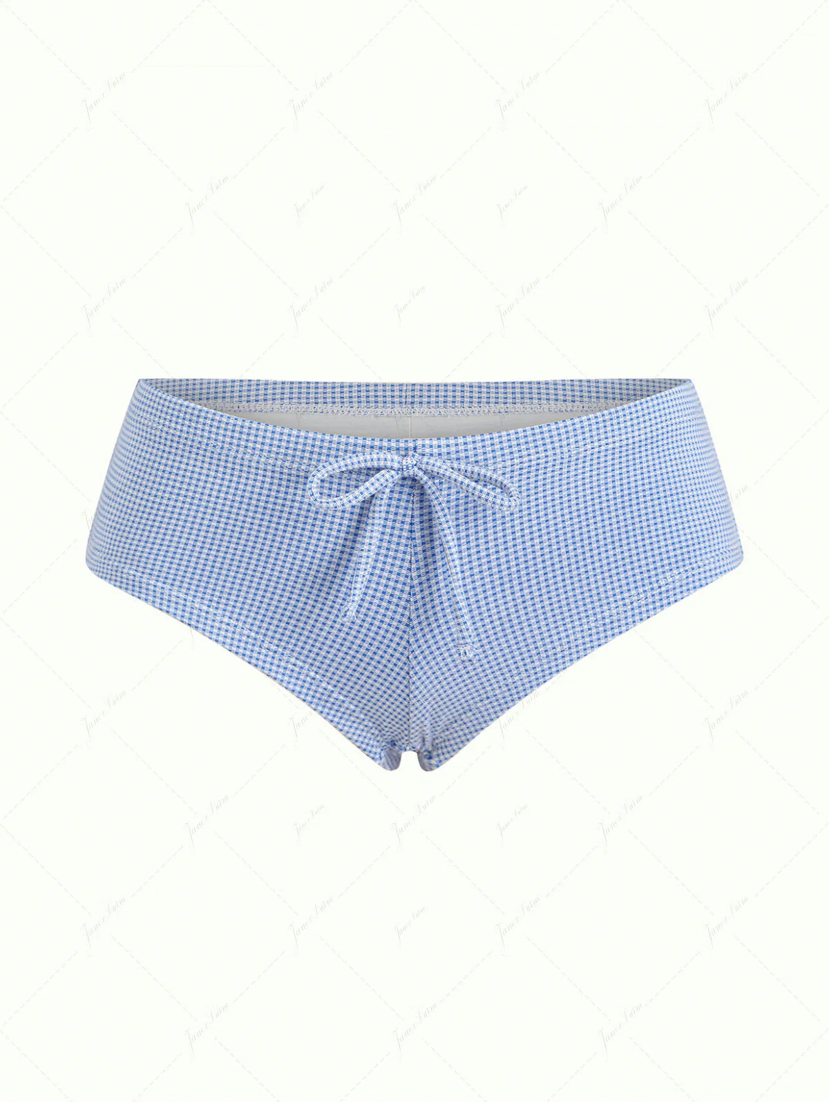 Blaues, gestricktes Bikinihöschen mit Karomuster und Schleife, freche Badeshorts.