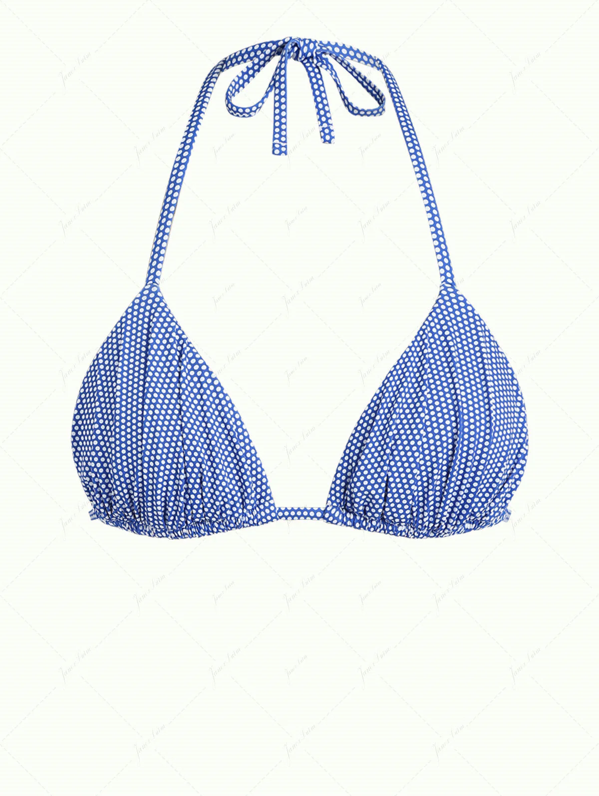 Blaues Bikini-Oberteil mit Polka-Dot-Muster, Raffungen, Neckholder und Triangel-Schnitt