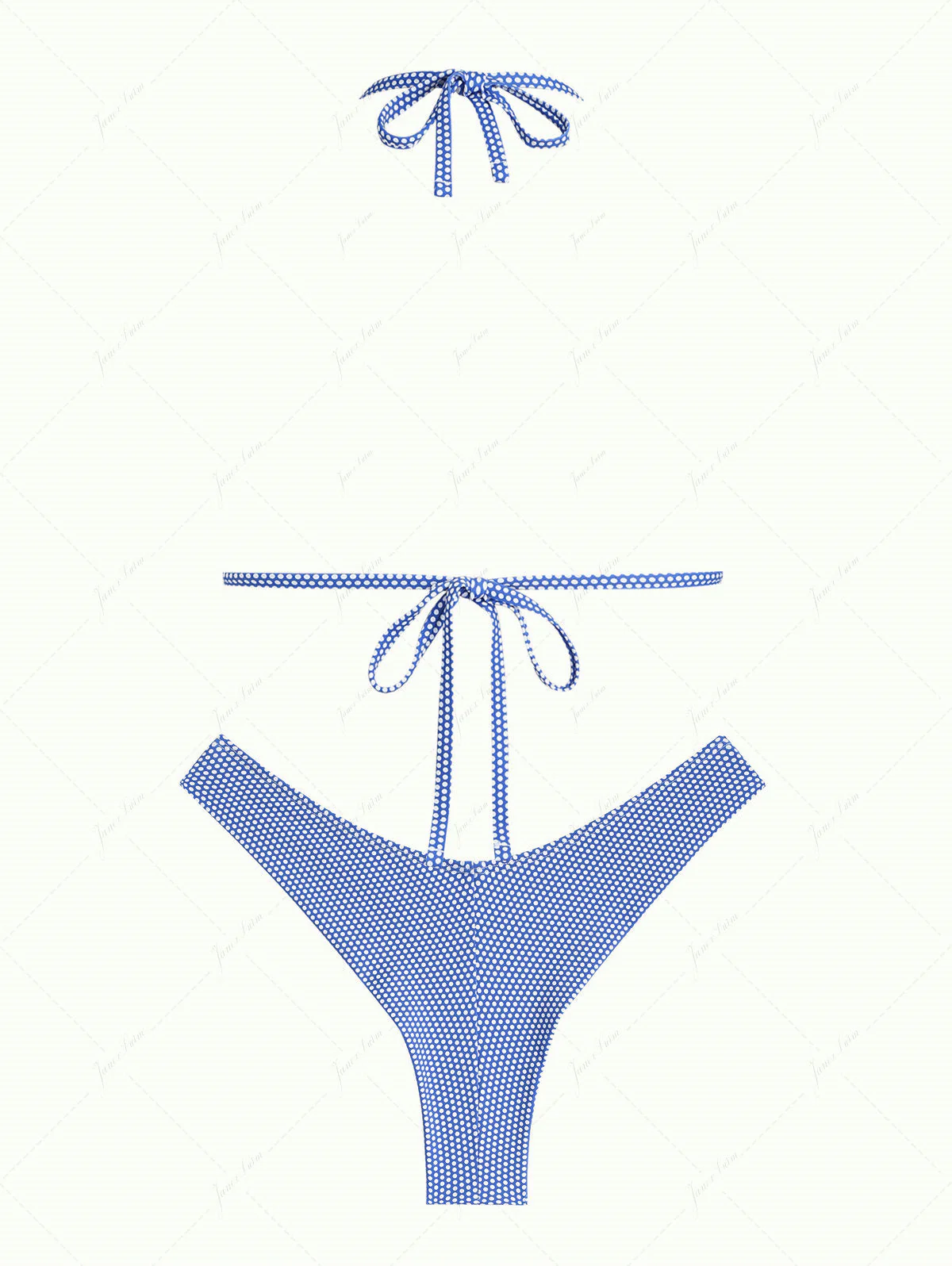 Bikini-Set mit blauem Triangel-Top und frechem brasilianischem Höschen, gerafft mit blauem Polka-Dot-Muster. - Image 2
