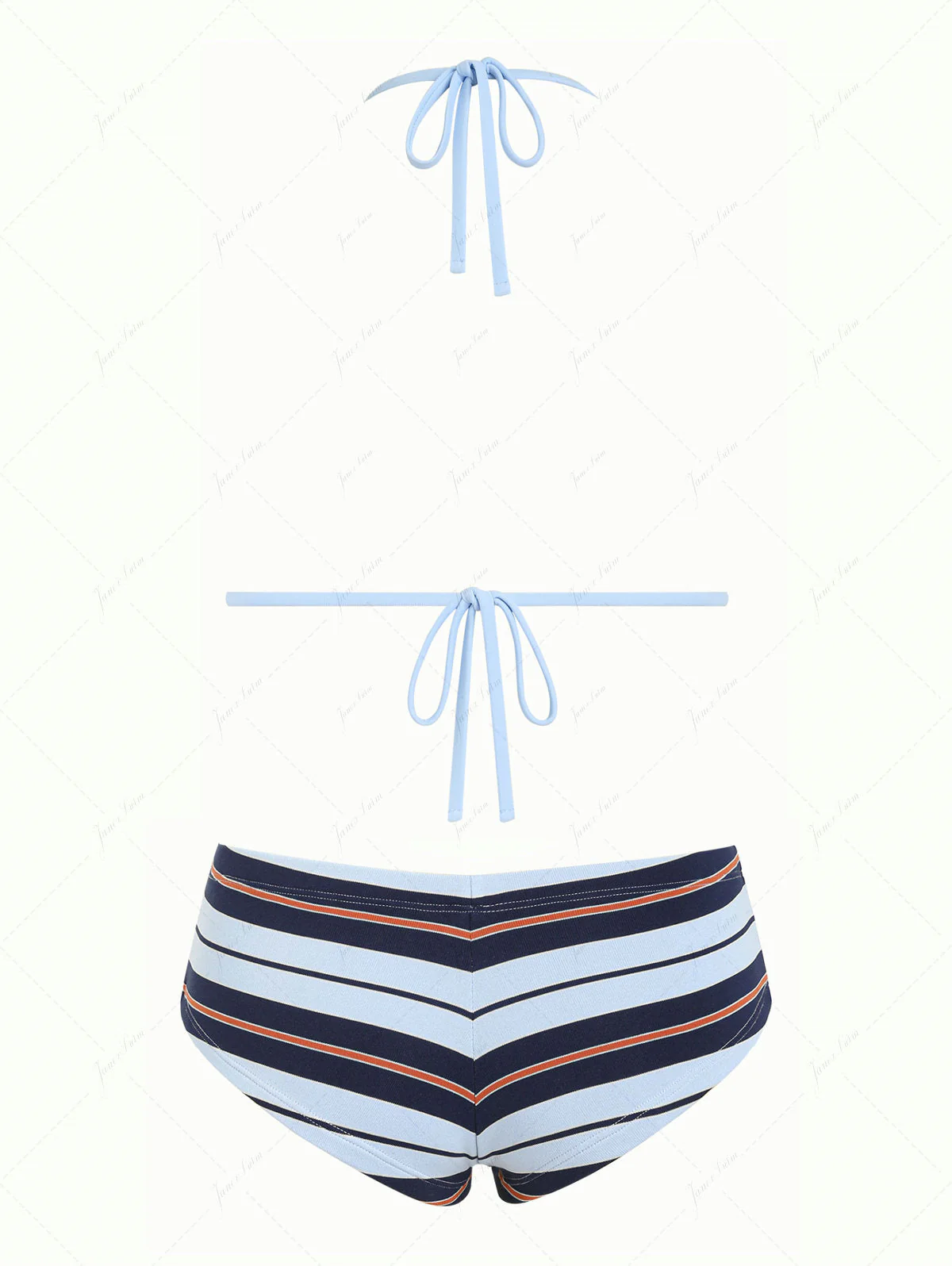 Blau gestreiftes, dreieckiges Bikini-Set mit Schleife und frechen Boyshorts - Image 2