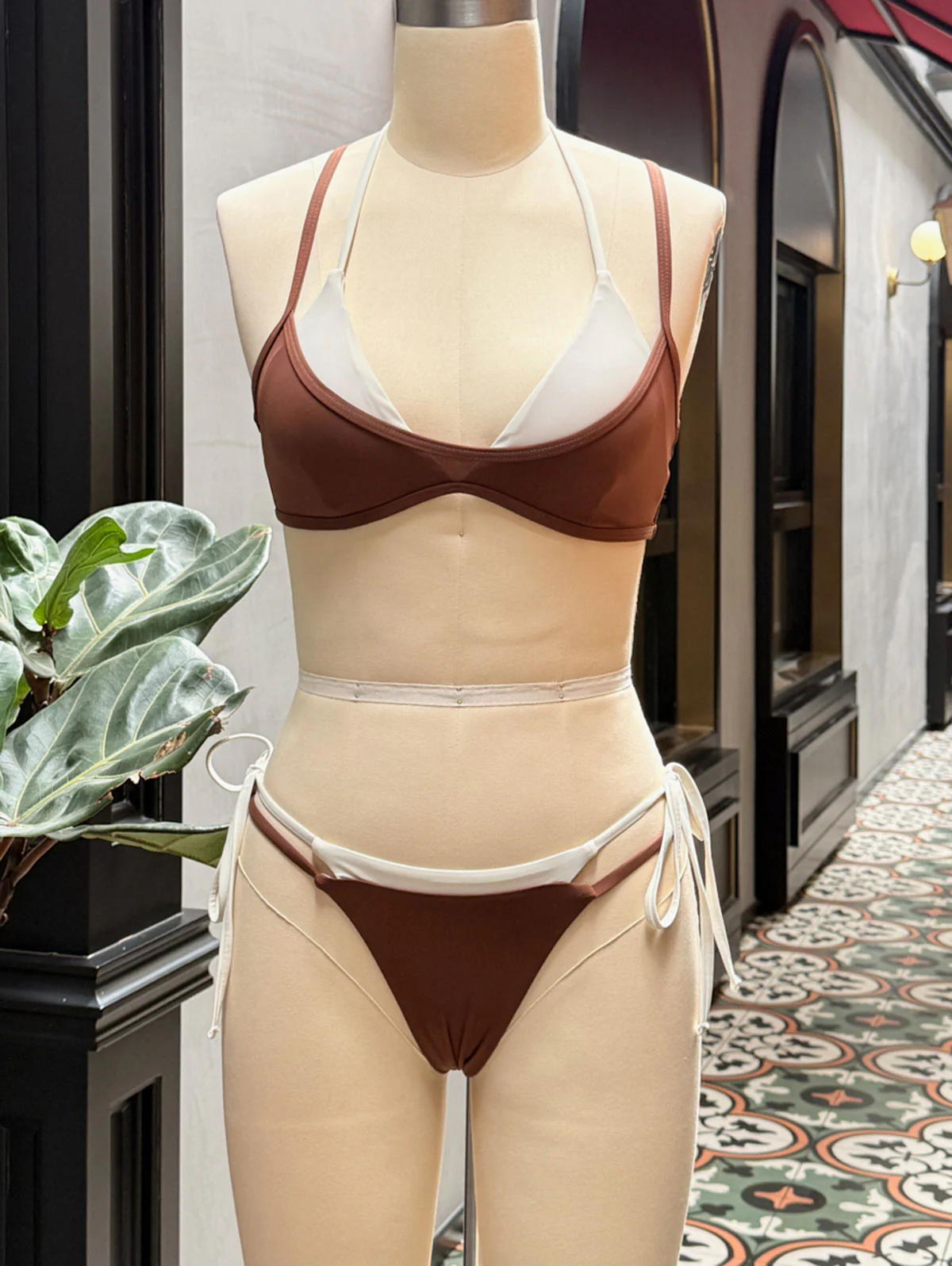 Brown Colorblock Two Tone Tie Side Double Layer Bikini Set - Image 2