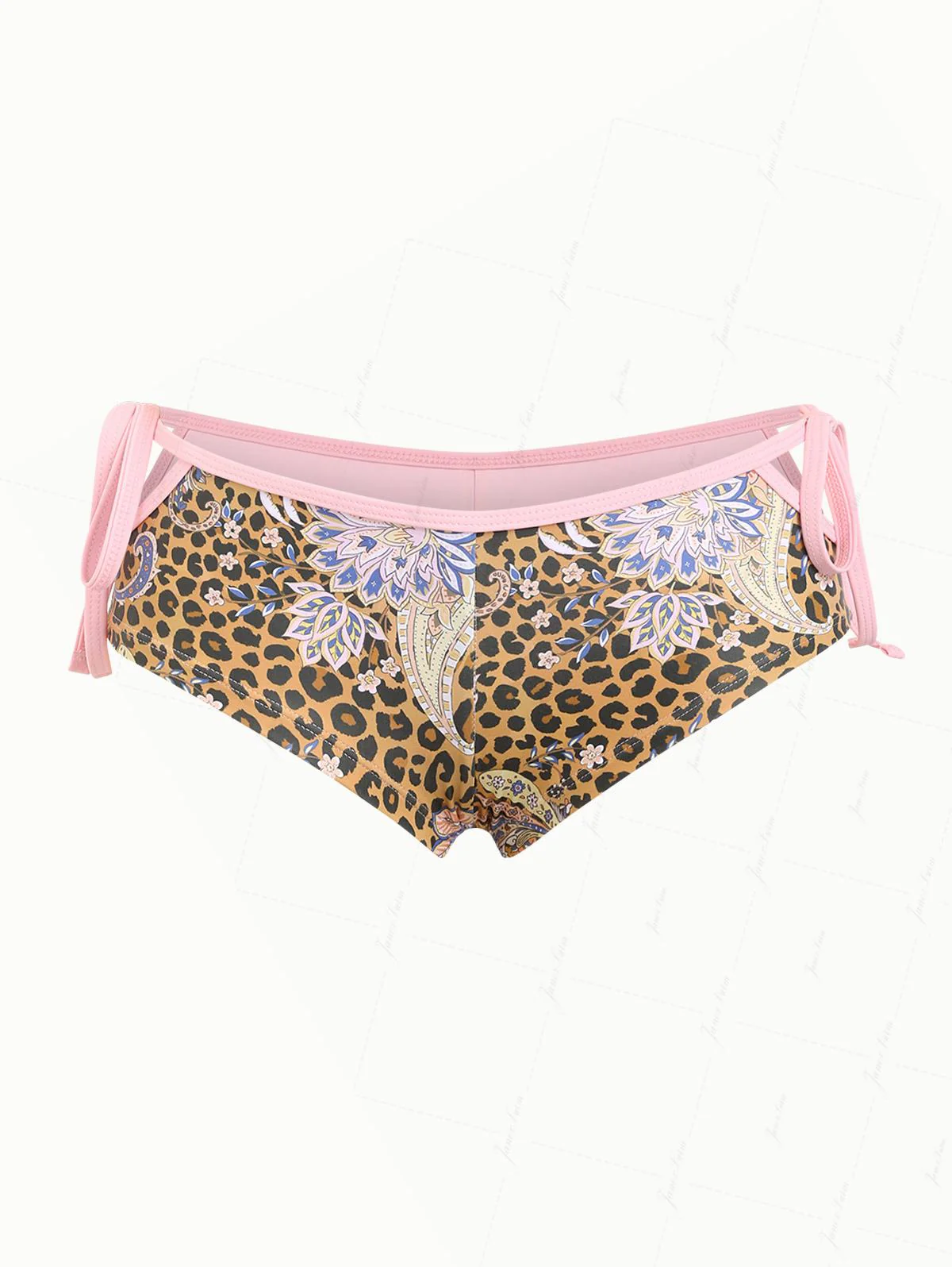 Braunes Bikinihöschen mit Leoparden-Paisley-Muster, Cut-outs und Bindebändern an der Seite, freche Badeshorts