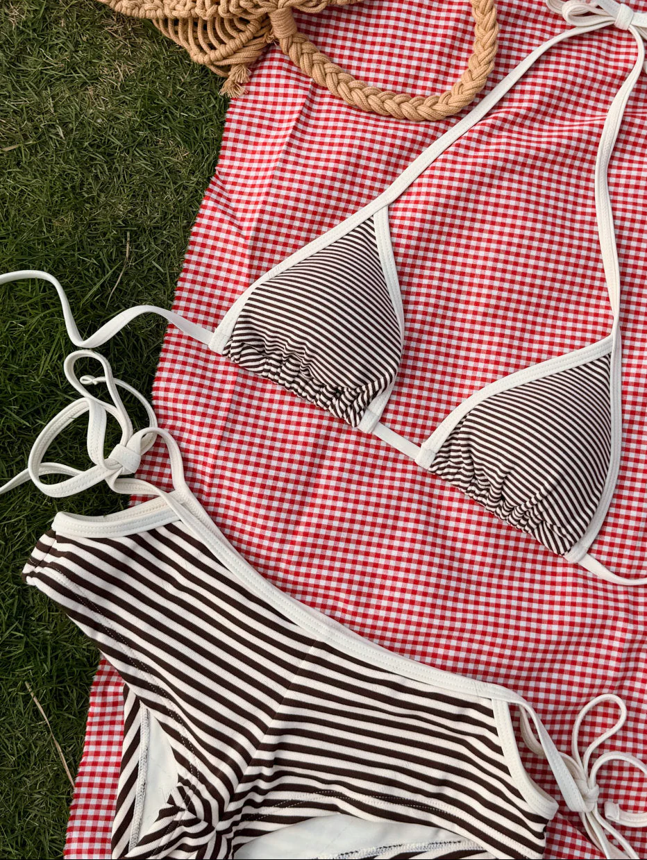 Brown Ribbed Knit Striped Contrast Binding Cheeky Boyshorts Bikini Set