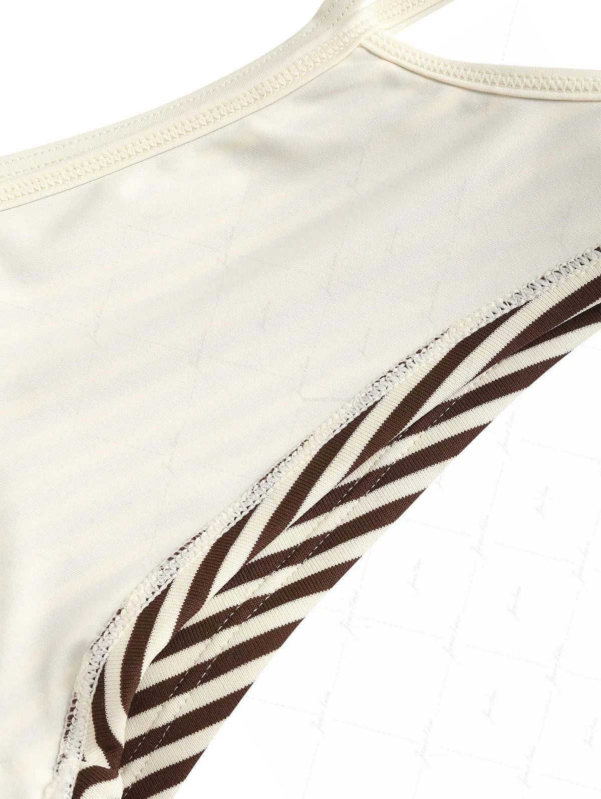 Brown Ribbed Knit Striped Contrast Binding Cheeky Boyshorts Bikini Set - Image 12