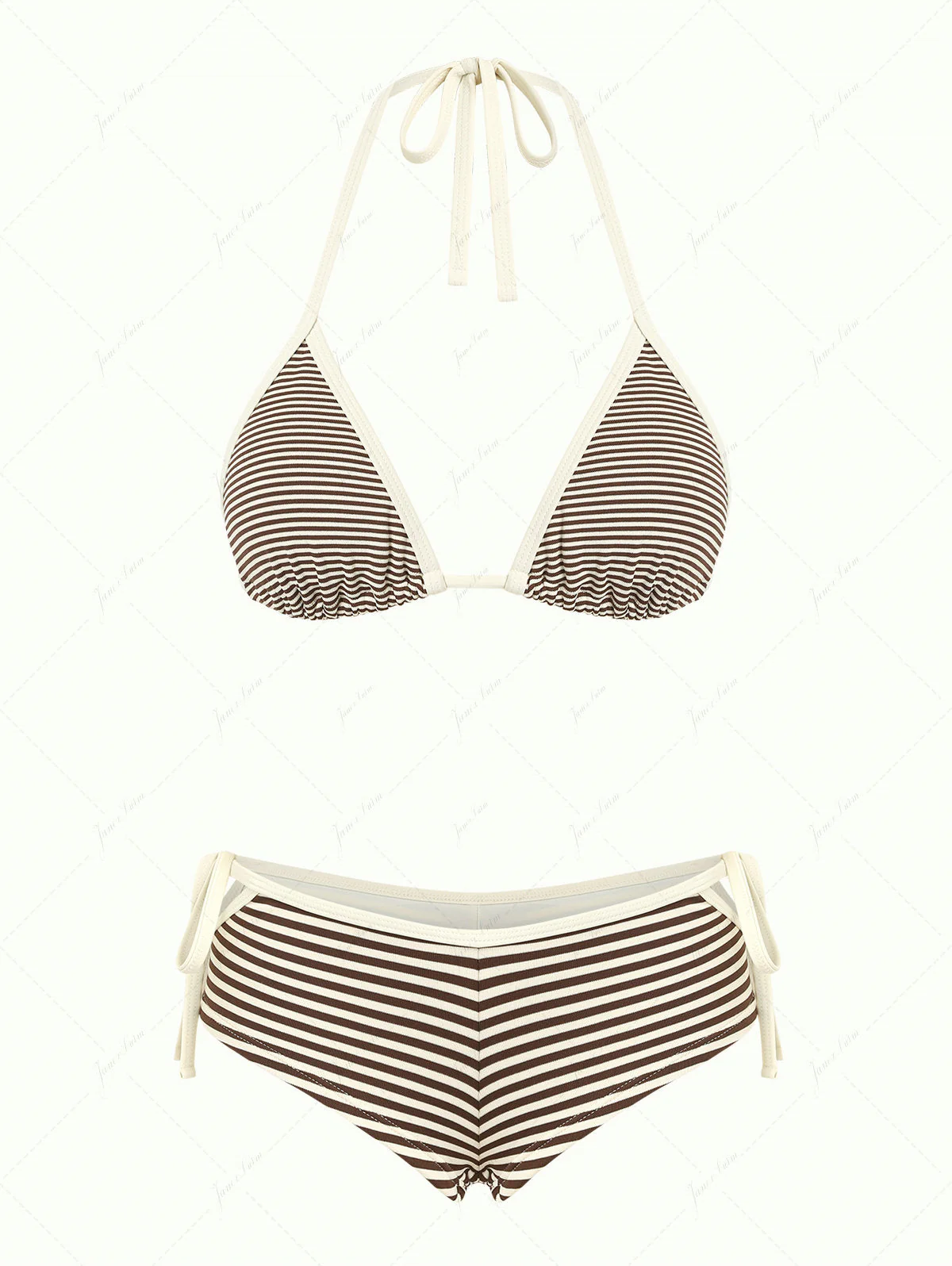 Brown Ribbed Knit Striped Contrast Binding Cheeky Boyshorts Bikini Set - Image 2