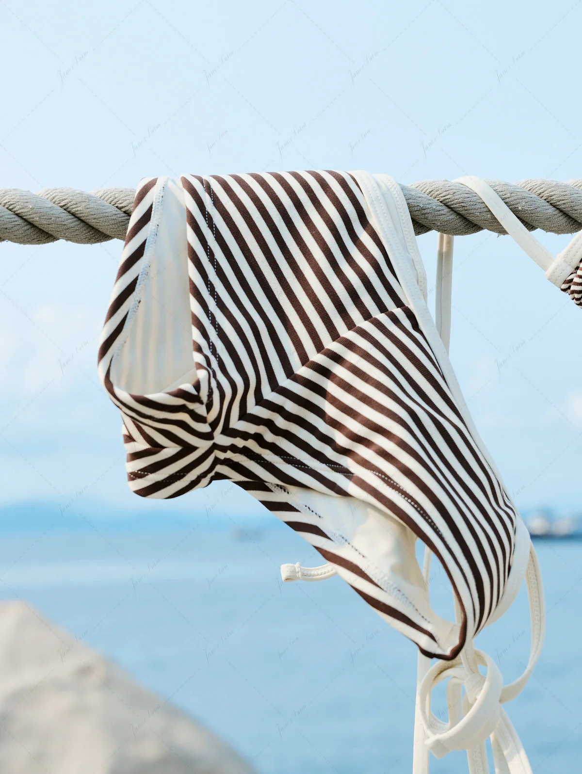 Brown Ribbed Knit Striped Contrast Binding Cheeky Boyshorts Bikini Set - Image 5