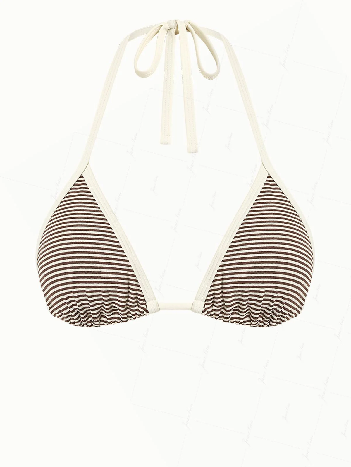 Brown Ribbed Knit Striped Contrast Binding Halter Triangle Bikini Top