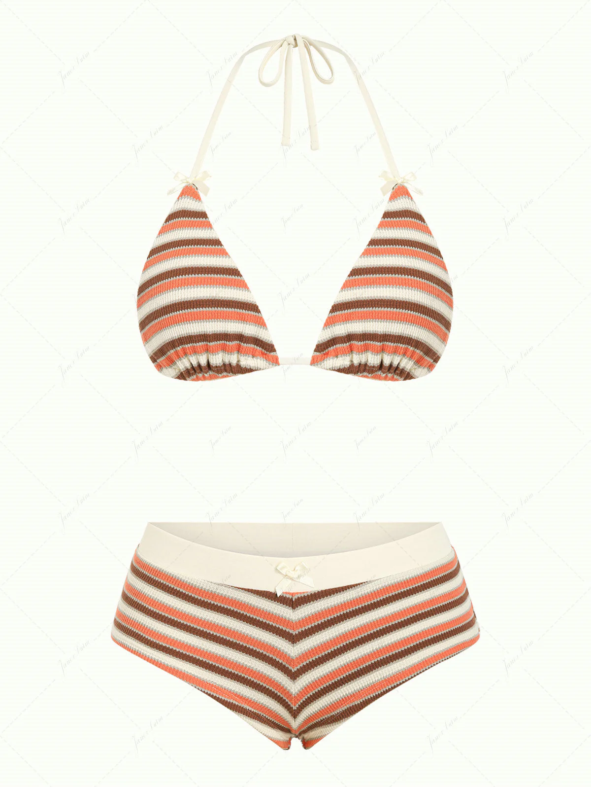 Bikini-Set in gebranntem Orange mit Streifen, Struktur und Schleife, dreieckig, frech, mit Boyshorts