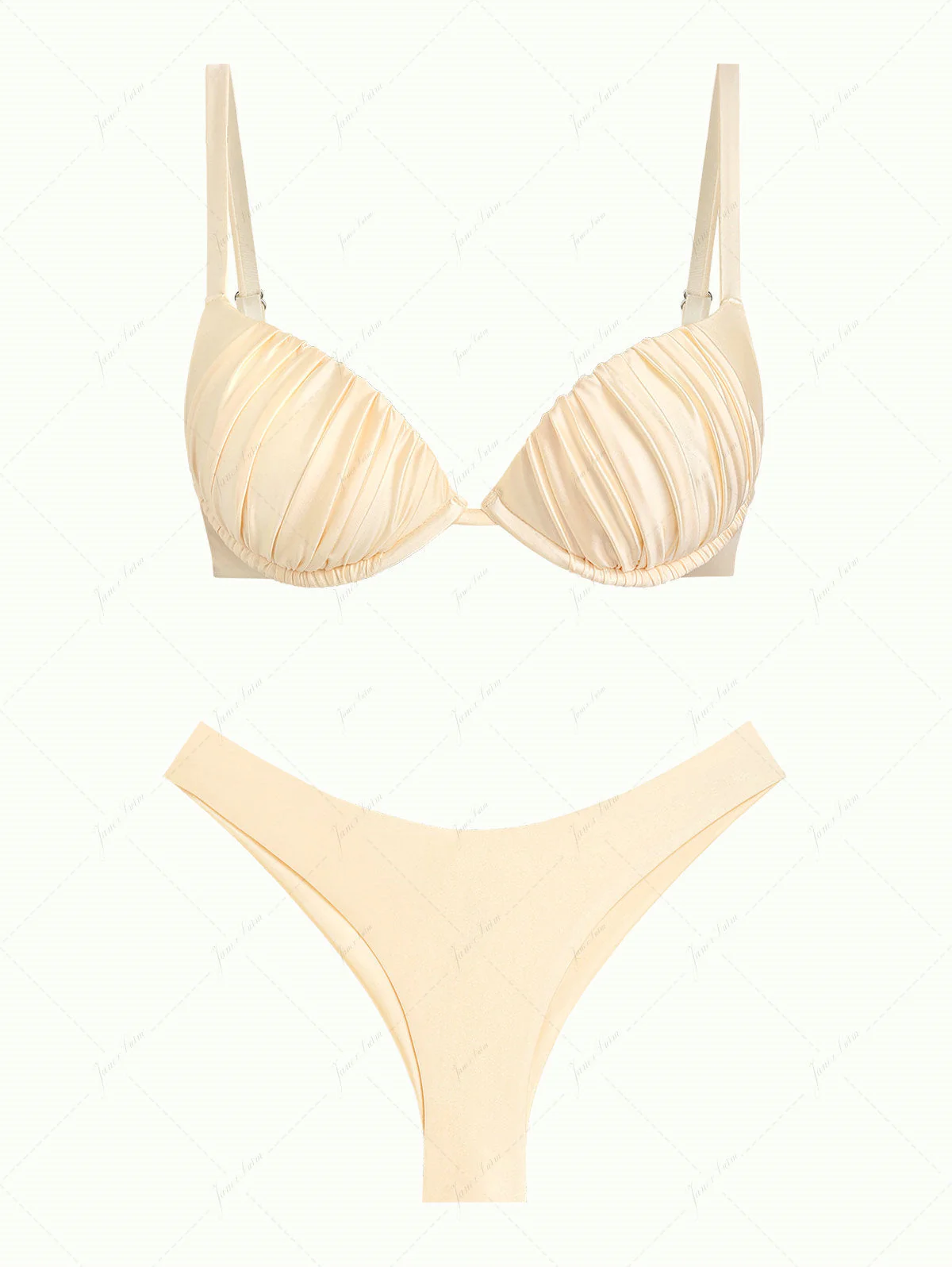 Champagne Satin Ruched Underwire Push Up Top & Cheeky Brazilian Bottom Bikini Set - Image 2