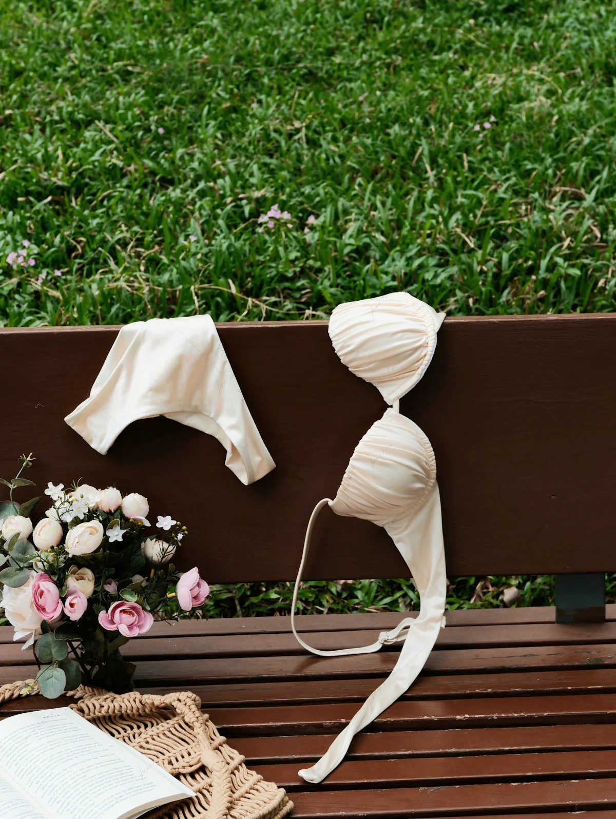Champagne Satin Ruched Underwire Push Up Top & Cheeky Brazilian Bottom Bikini Set - Image 3