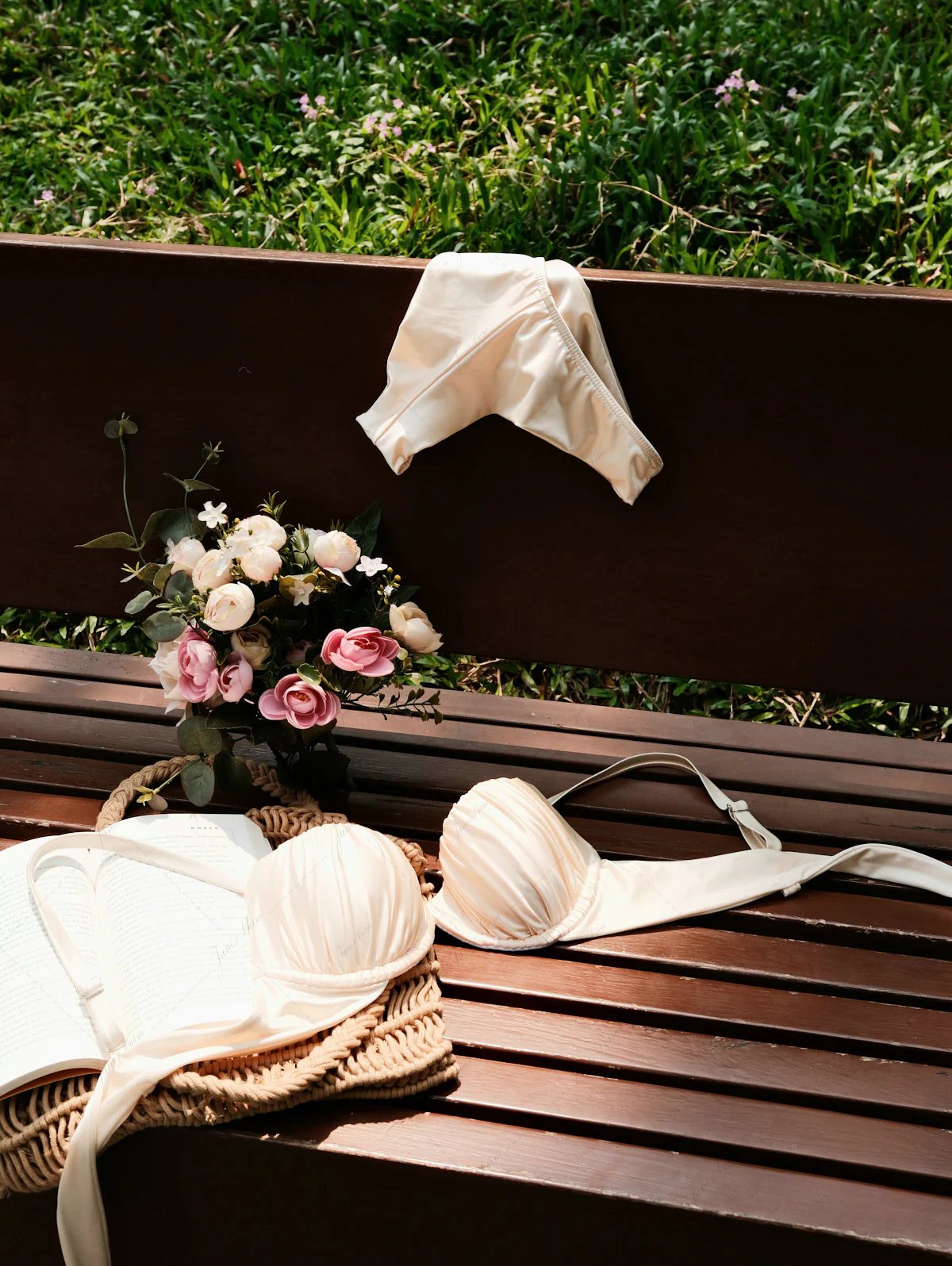 Champagne Satin Ruched Underwire Push Up Top & Cheeky Brazilian Bottom Bikini Set - Image 4