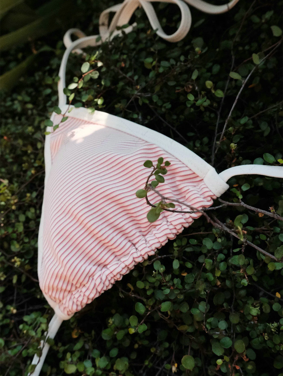 Kirschrot gestreiftes Neckholder-Triangel-Bikini-Oberteil mit kontrastierender Einfassung - Image 4