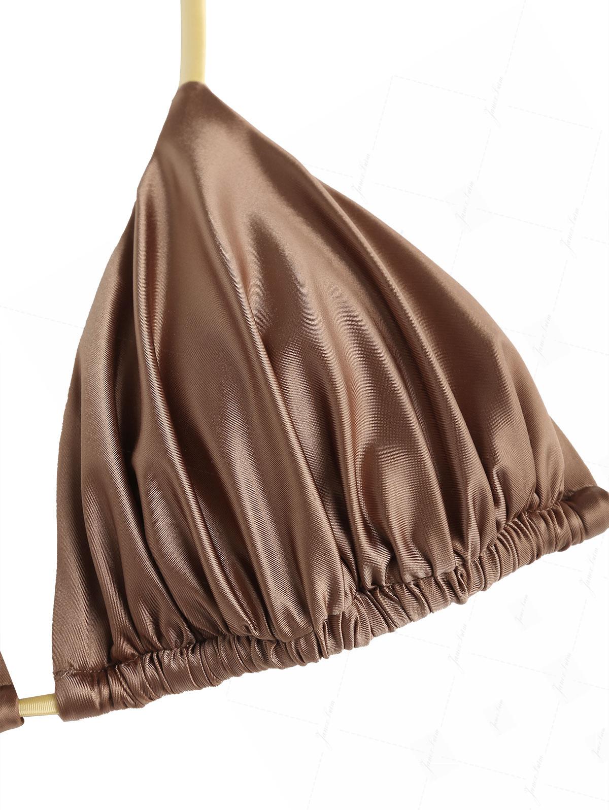 Bikini-Oberteil aus kaffeefarbenem Satin mit kontrastfarbenen Raffungen und Neckholder-Triangel-Design - Image 3