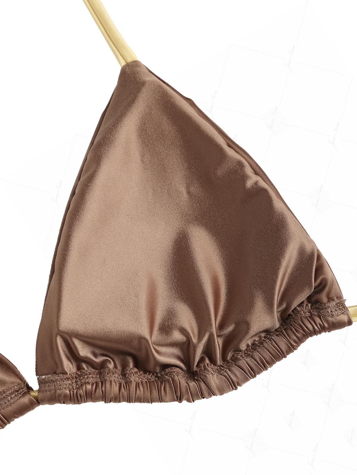 Bikini-Oberteil aus kaffeefarbenem Satin mit kontrastfarbenen Raffungen und Neckholder-Triangel-Design - Image 4