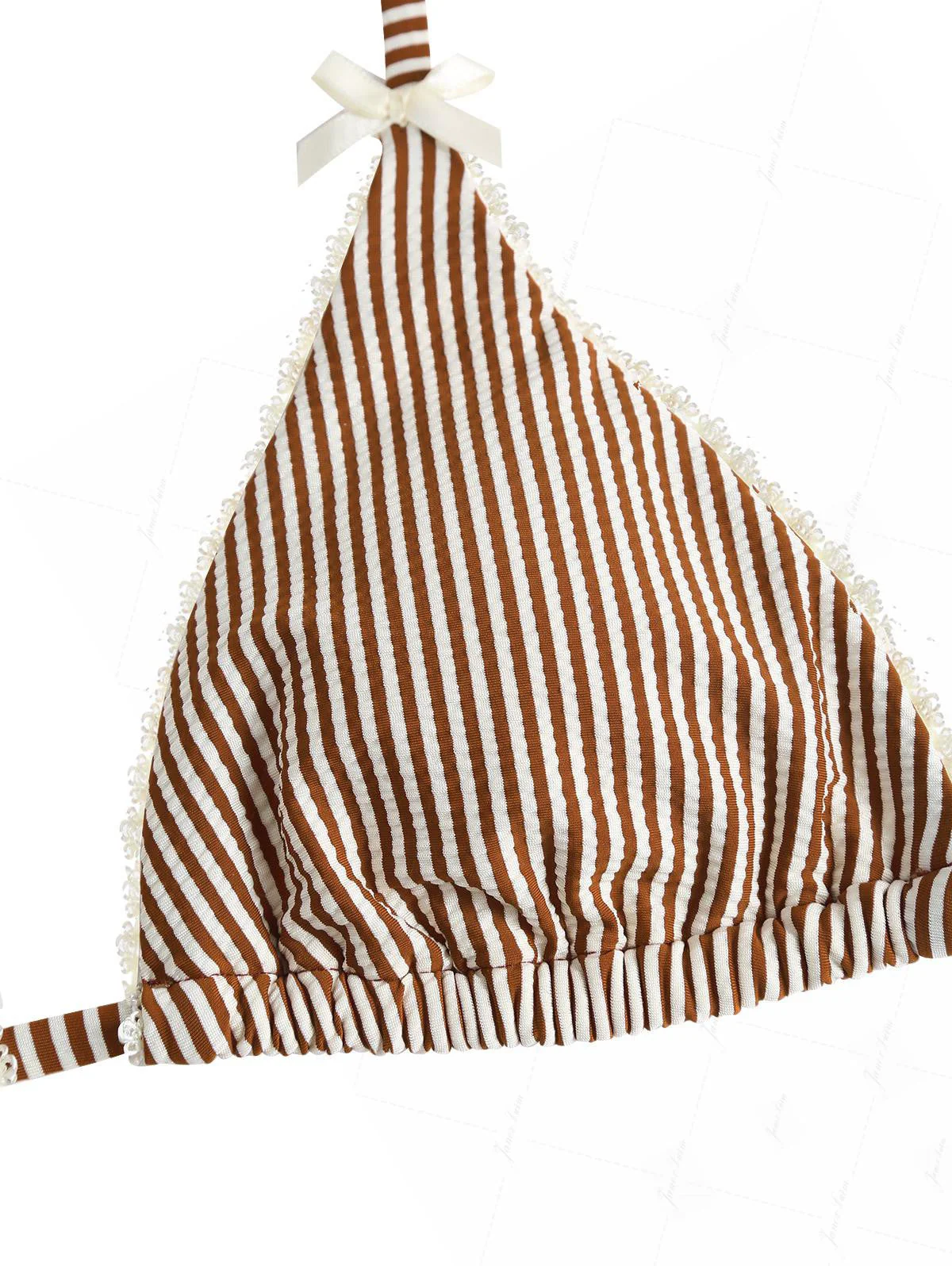 Janex Coffee Striped Lace Bowknot Halter Triangle Cheeky Boyshort Bikini Set - Image 11