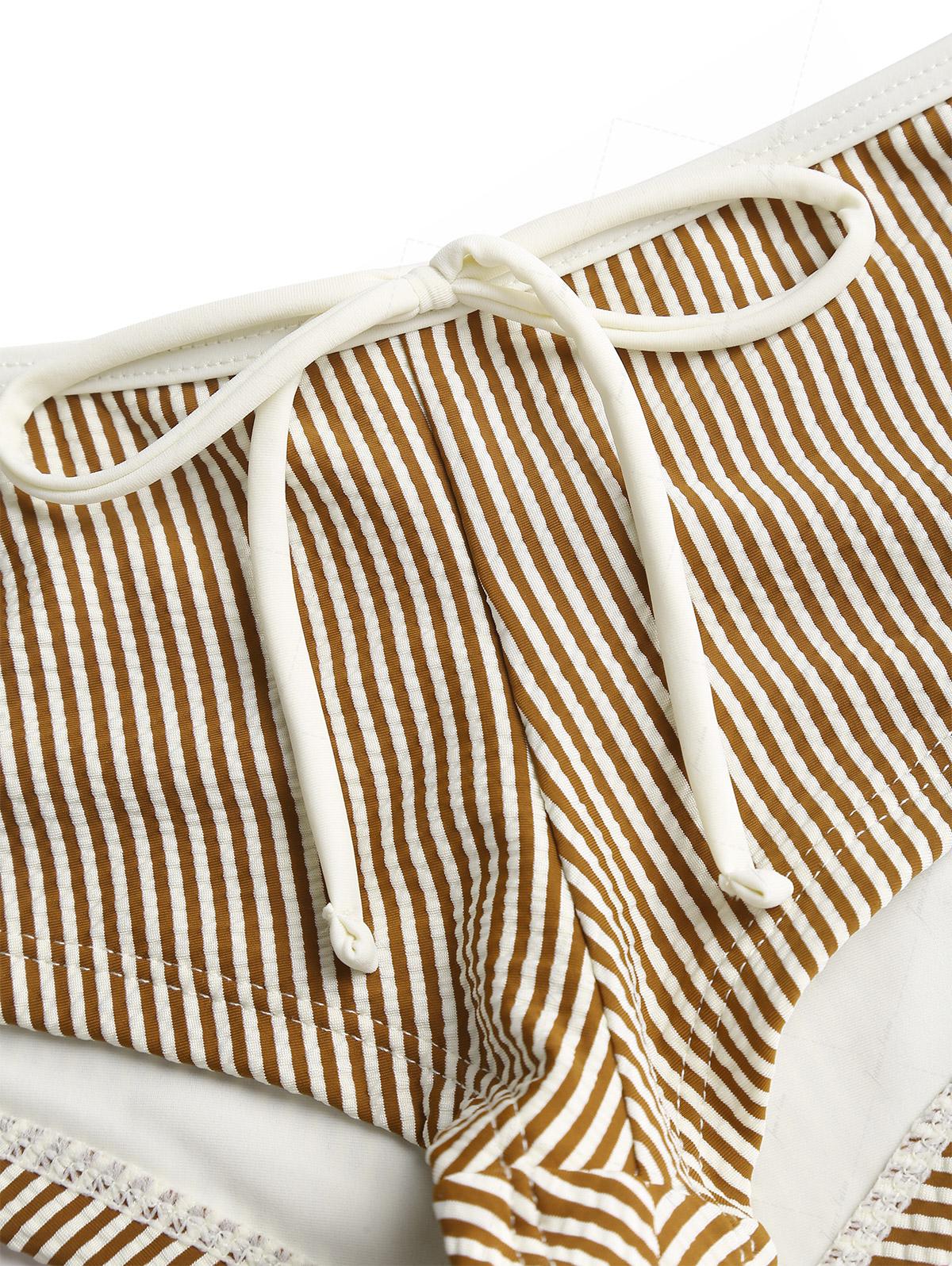 Janex Coffee Striped Lace Bowknot Halter Triangle Cheeky Boyshort Bikini Set - Image 13