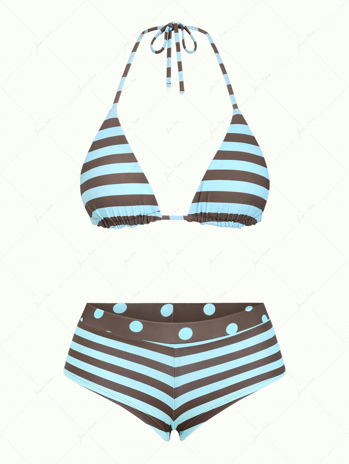 Bikini-Set aus wendbarem Triangel-Top mit Streifen und Polka-Dots in Kaffeebraun & frechen Boyshorts - Image 2