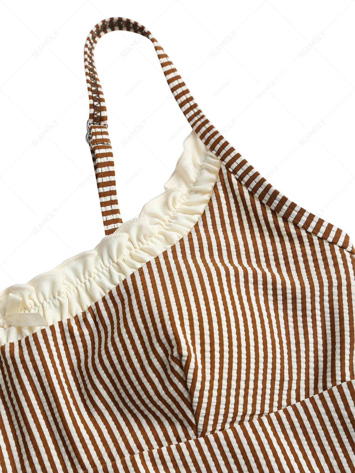 Kaffeefarbenes Tankini-Oberteil mit Streifen, gerüschtem Saum und Schleife - Image 3