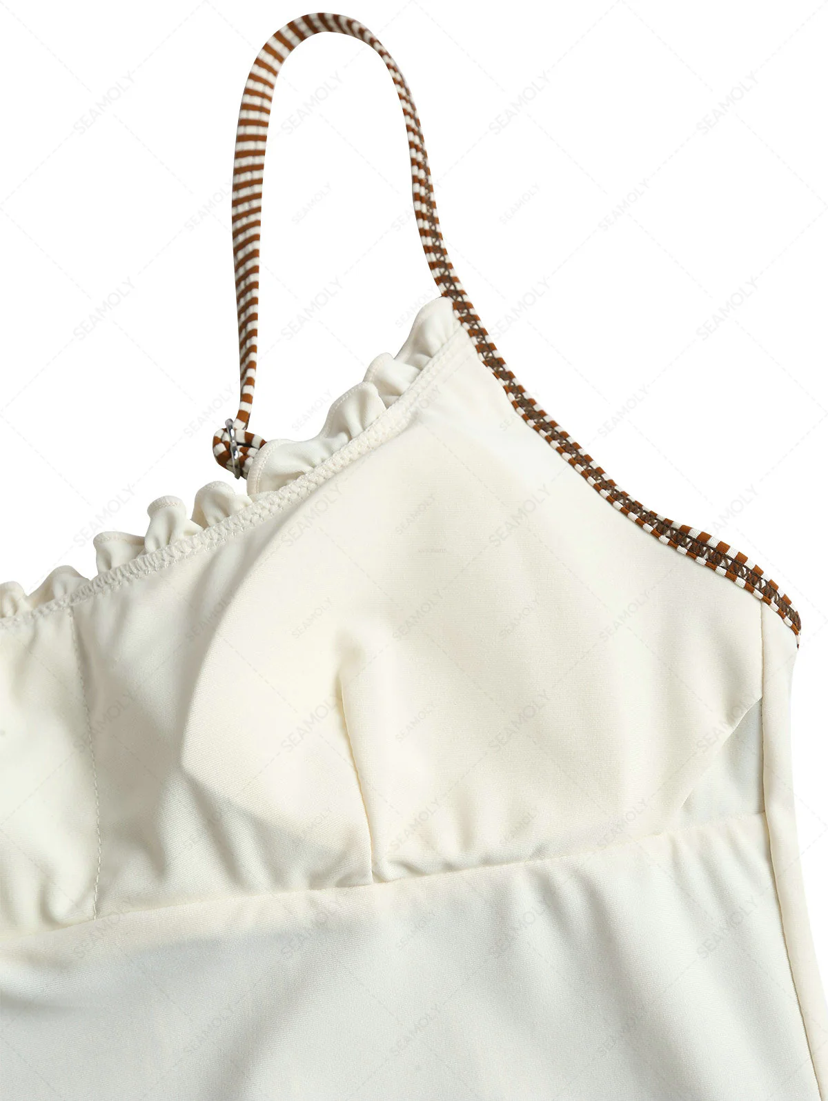 Kaffeefarbenes Tankini-Oberteil mit Streifen, gerüschtem Saum und Schleife - Image 4