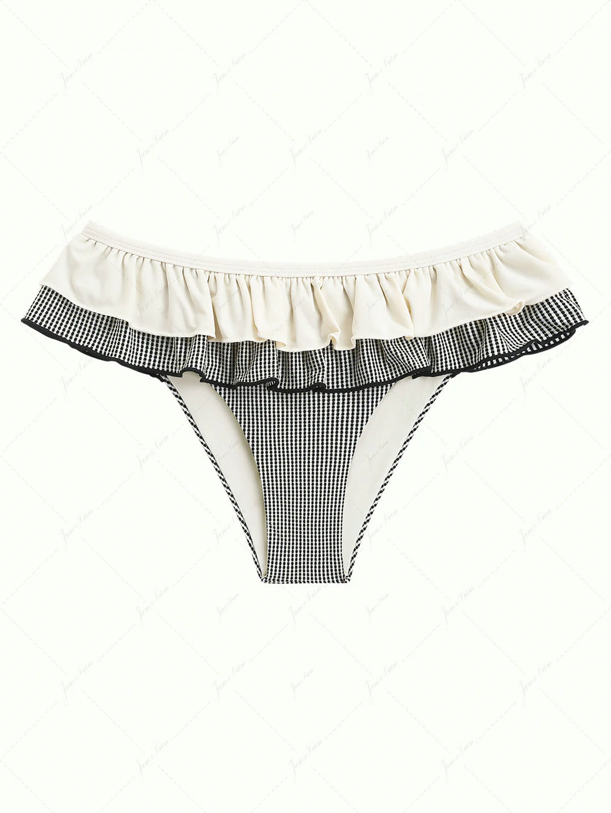 Bikinihose aus cremefarbenem, metallisch-goldenem Strickgarn mit mehrlagigem Schößchen und Rockteil. - Image 2
