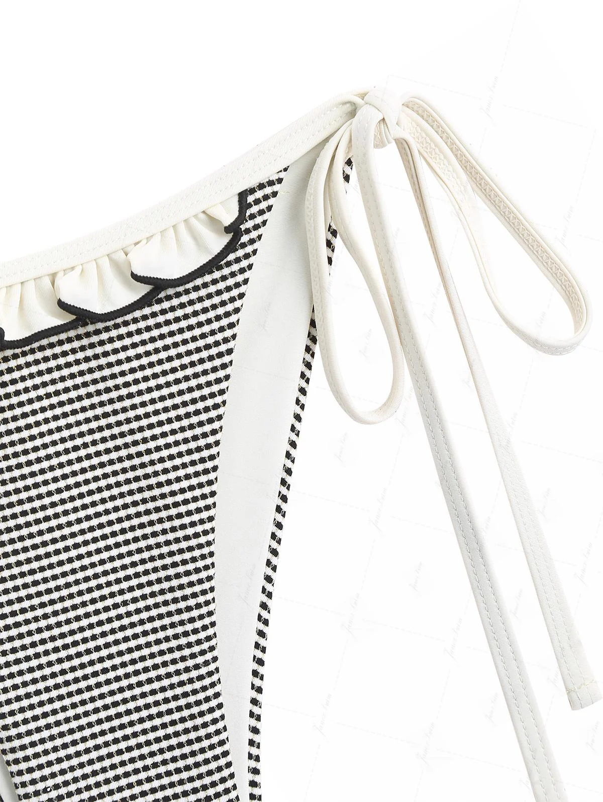 Bikinihose aus cremefarbenem, metallisch-goldenem Strickstoff mit Rüschen und seitlichen Bindebändern. - Image 10