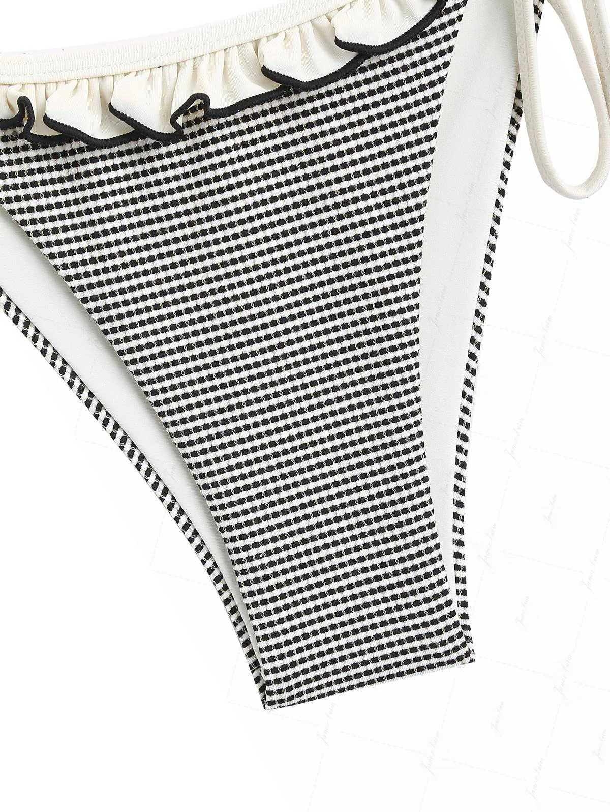 Bikinihose aus cremefarbenem, metallisch-goldenem Strickstoff mit Rüschen und seitlichen Bindebändern. - Image 11