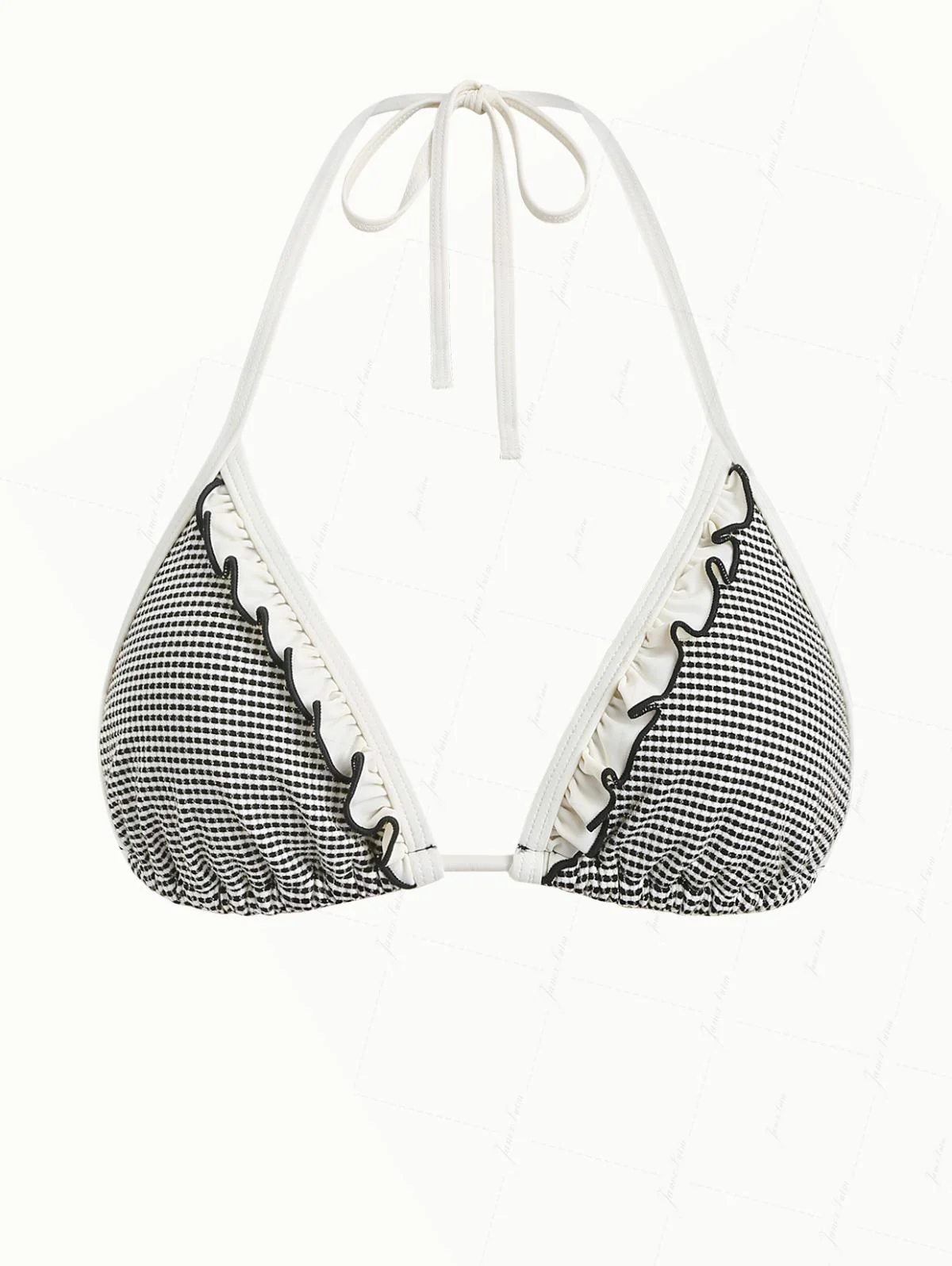 Bikini-Oberteil aus cremefarbenem Metallic-Goldgarn mit Rüschen und Neckholder-Detail - Image 2