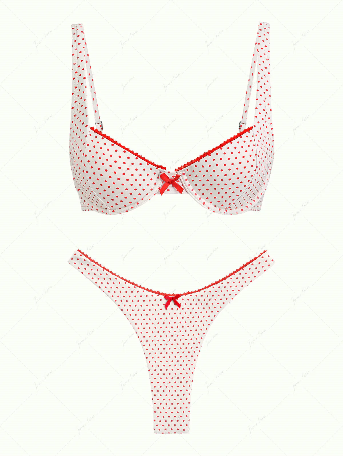 Crystal Cream Polka Dot Lace Bowknot Underwire Bikini Set
