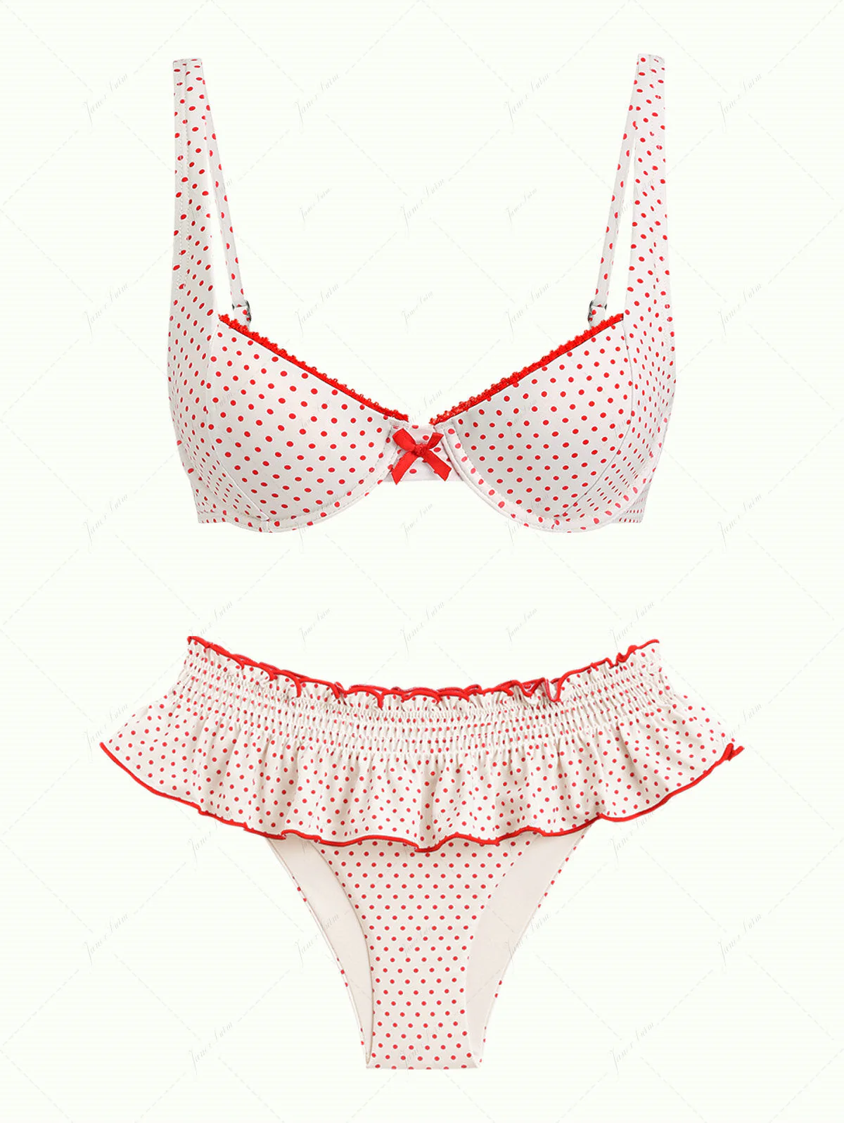 Janex Crystal Cream Polka Dot Lace Bowknot Underwire Skirtini Bikini Set - Image 2