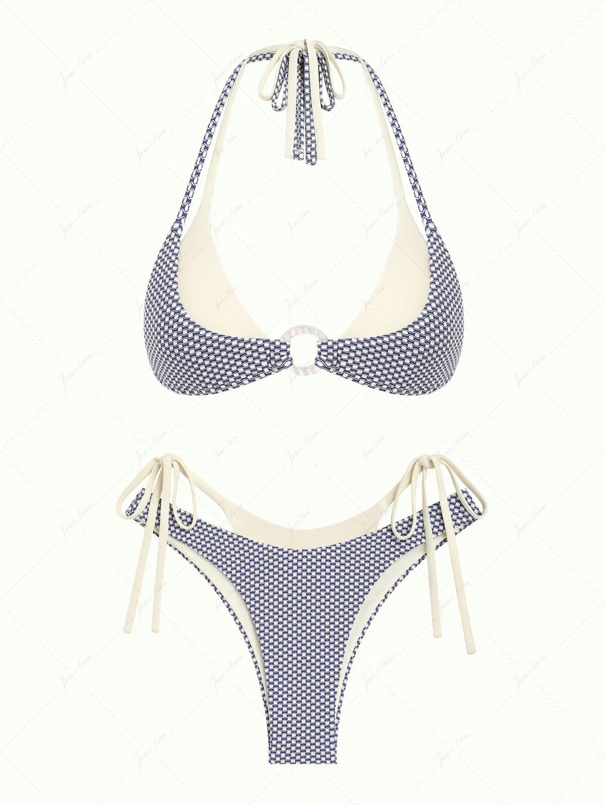 Deep Blue Contrast Color Polka Dot O Ring Double Layer Bikini Set