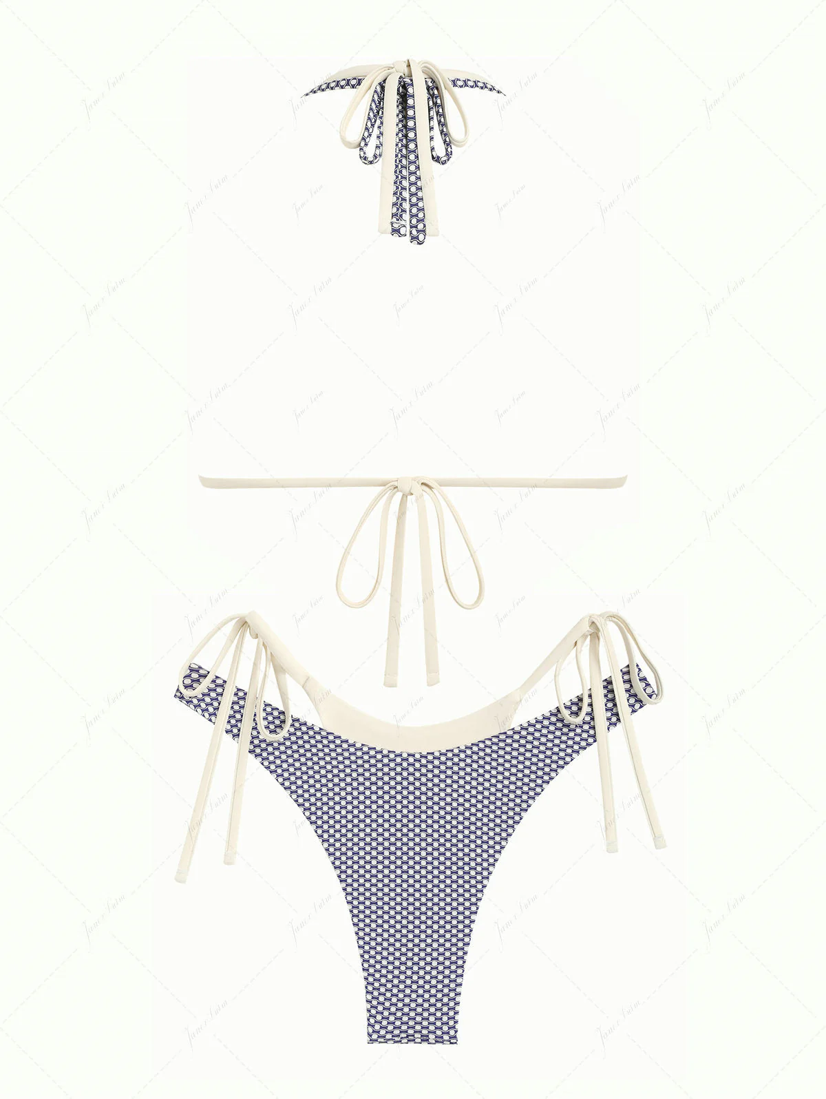 Deep Blue Contrast Color Polka Dot O Ring Double Layer Bikini Set - Image 2