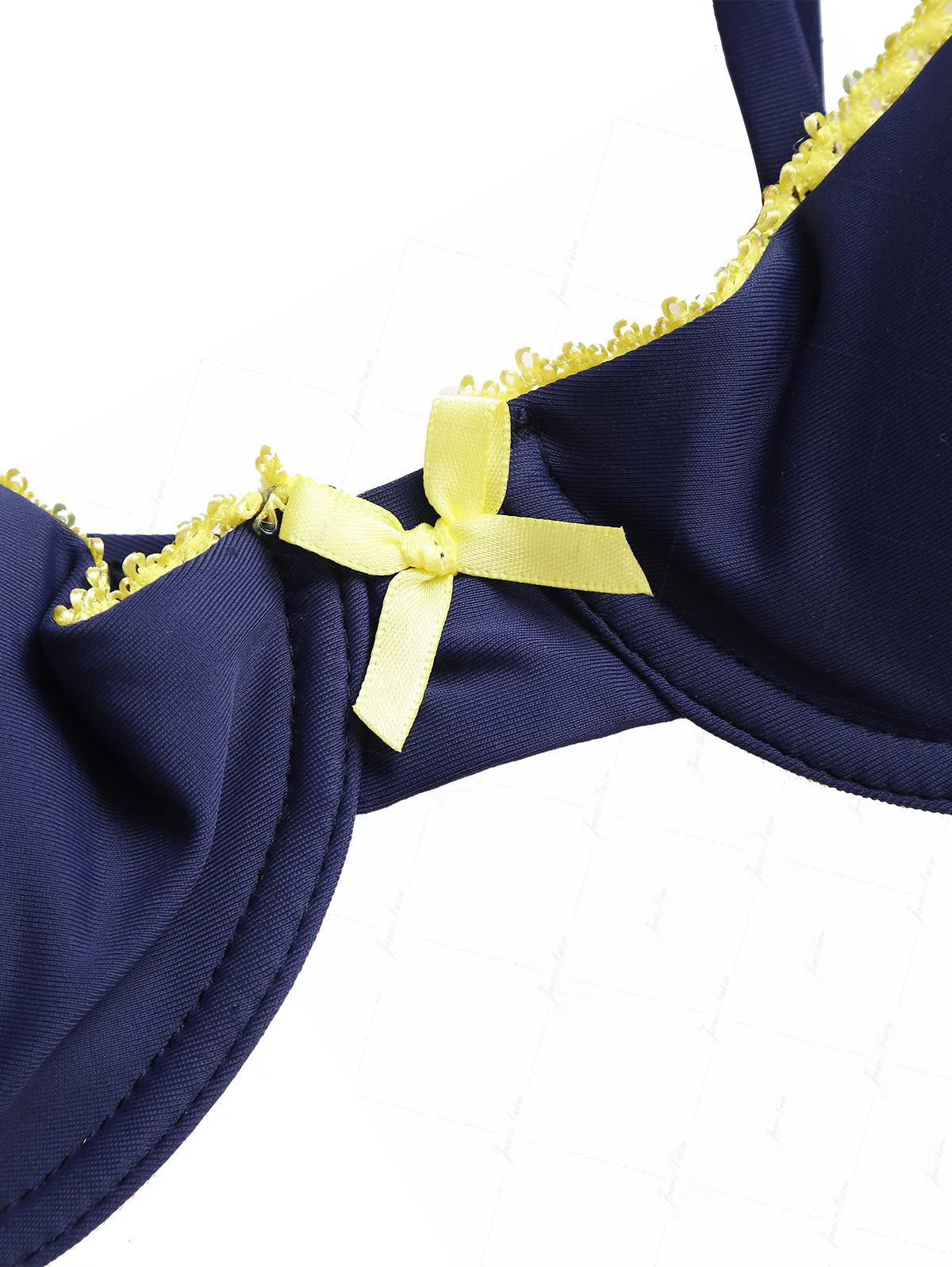 Deep Blue Contrast Lace Bowknot Underwire Bikini Set - Image 3
