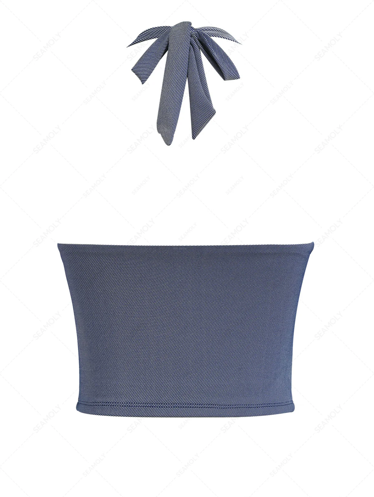 Tiefblaues Tankini-Oberteil aus Denim mit Spitze und tiefem Ausschnitt und Neckholder - Image 2