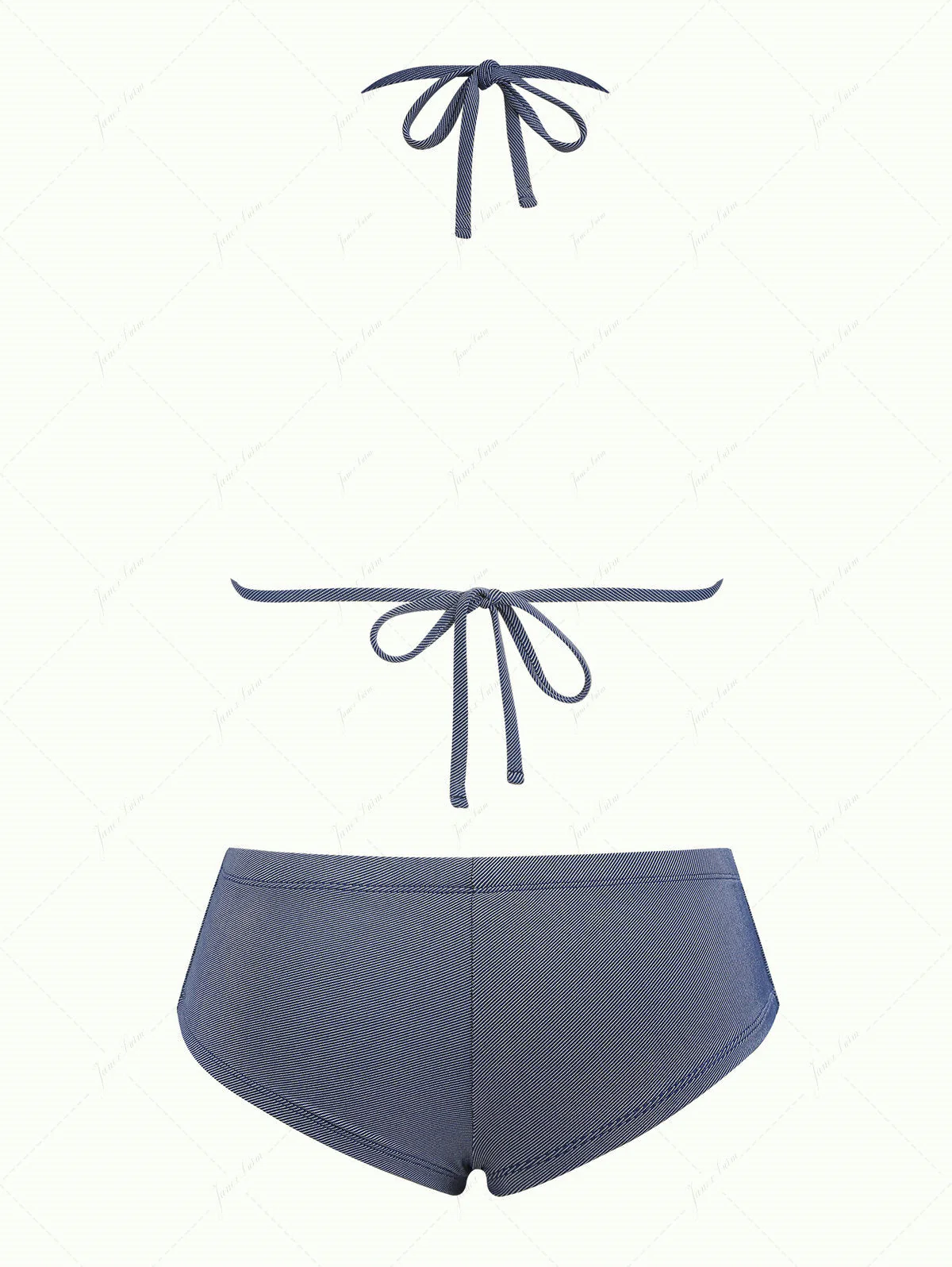 Janex Deep Blue Denim Lace Bowknot Halter Triangle Bikini Top & Low Rise Cheeky Boyshort Set - Image 2
