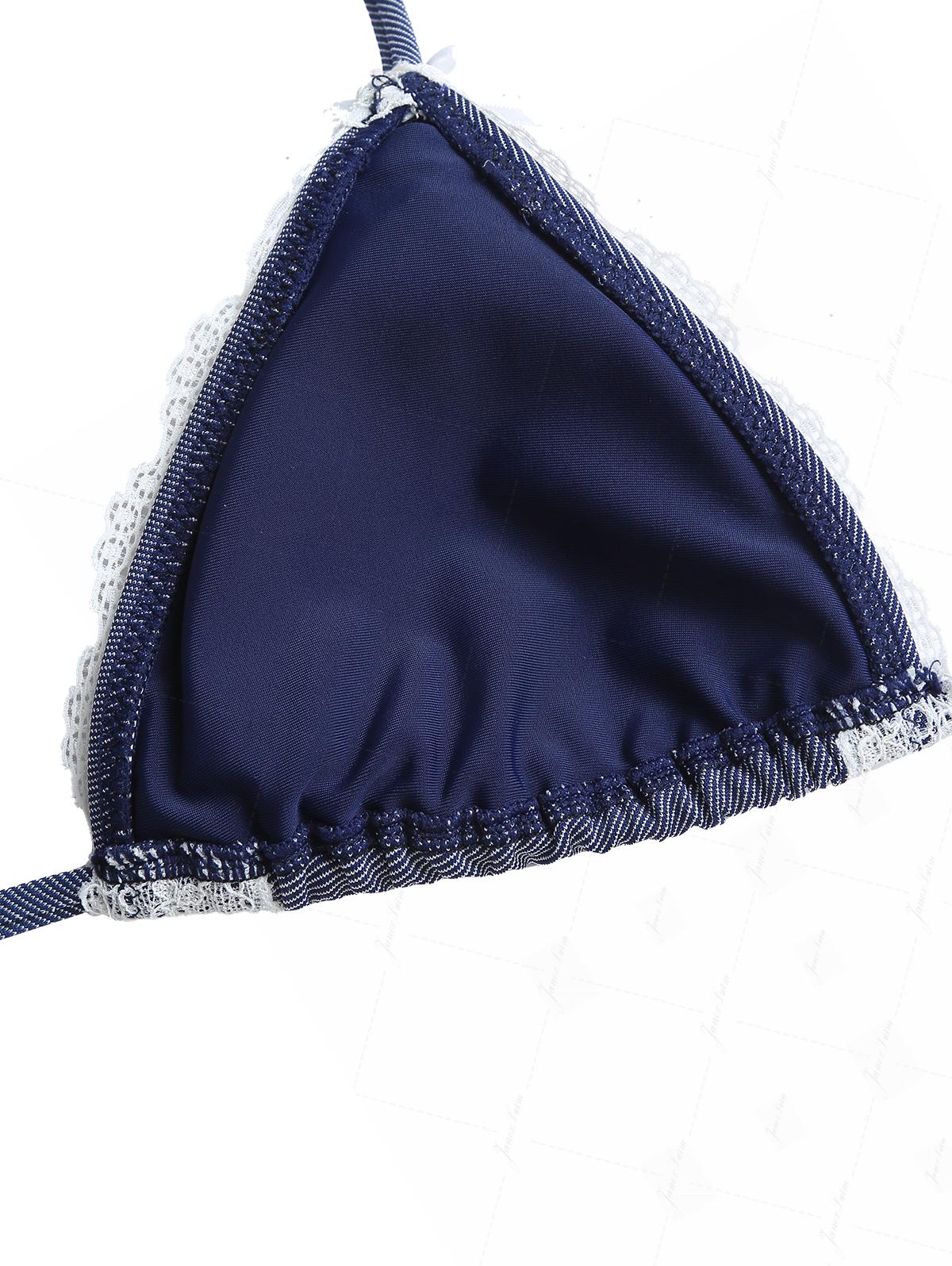 Deep Blue Denim Lace Bowknot Triangle Top & Cheeky Brazilian Bottom Bikini Set - Image 9