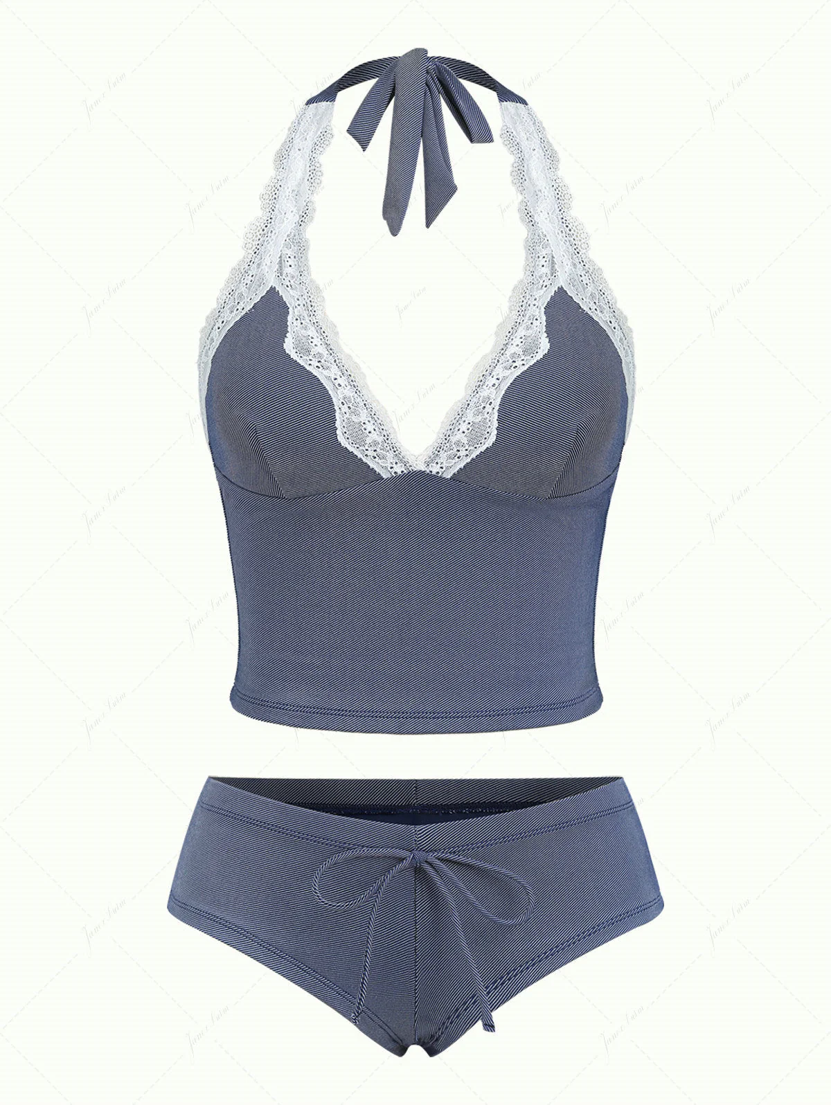 Deep Blue Denim Lace Plunging Neck Cheeky Boyshorts Tankini Set