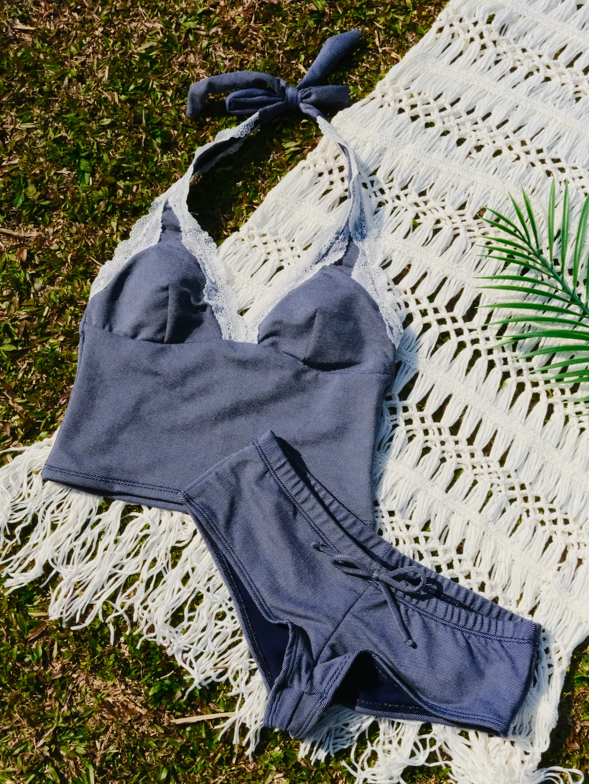 Deep Blue Denim Lace Plunging Neck Cheeky Boyshorts Tankini Set - Image 2