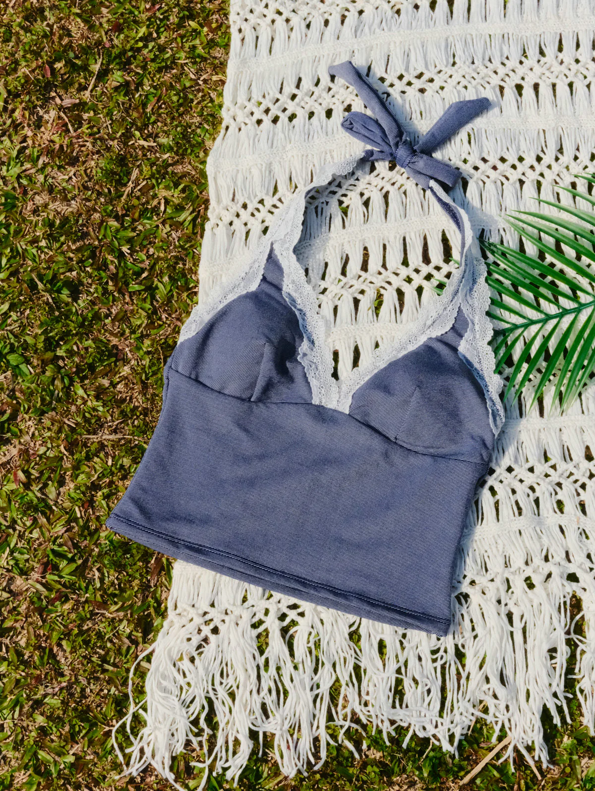 Deep Blue Denim Lace Plunging Neck Cheeky Boyshorts Tankini Set - Image 3
