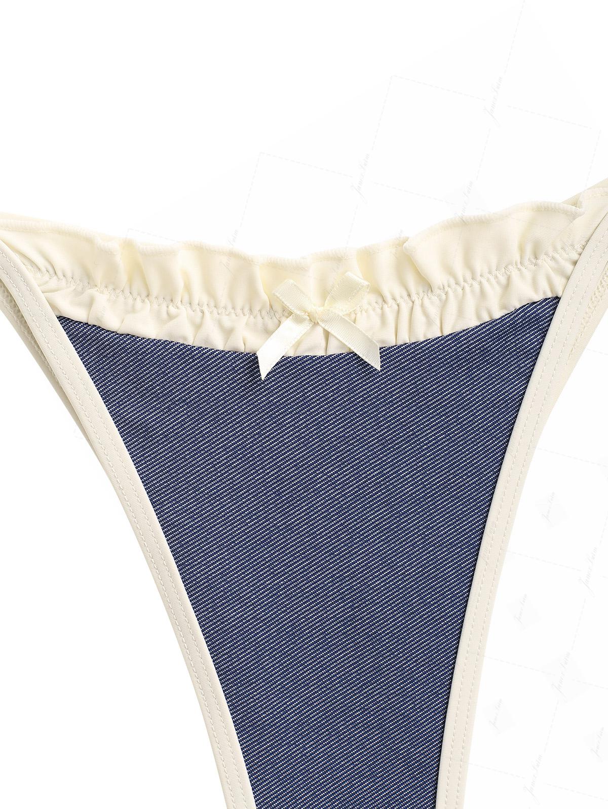Dunkelblauer Denim-Bikini mit Rüschen, kontrastfarbenem Saum und frechem brasilianischem Schnitt - Image 3