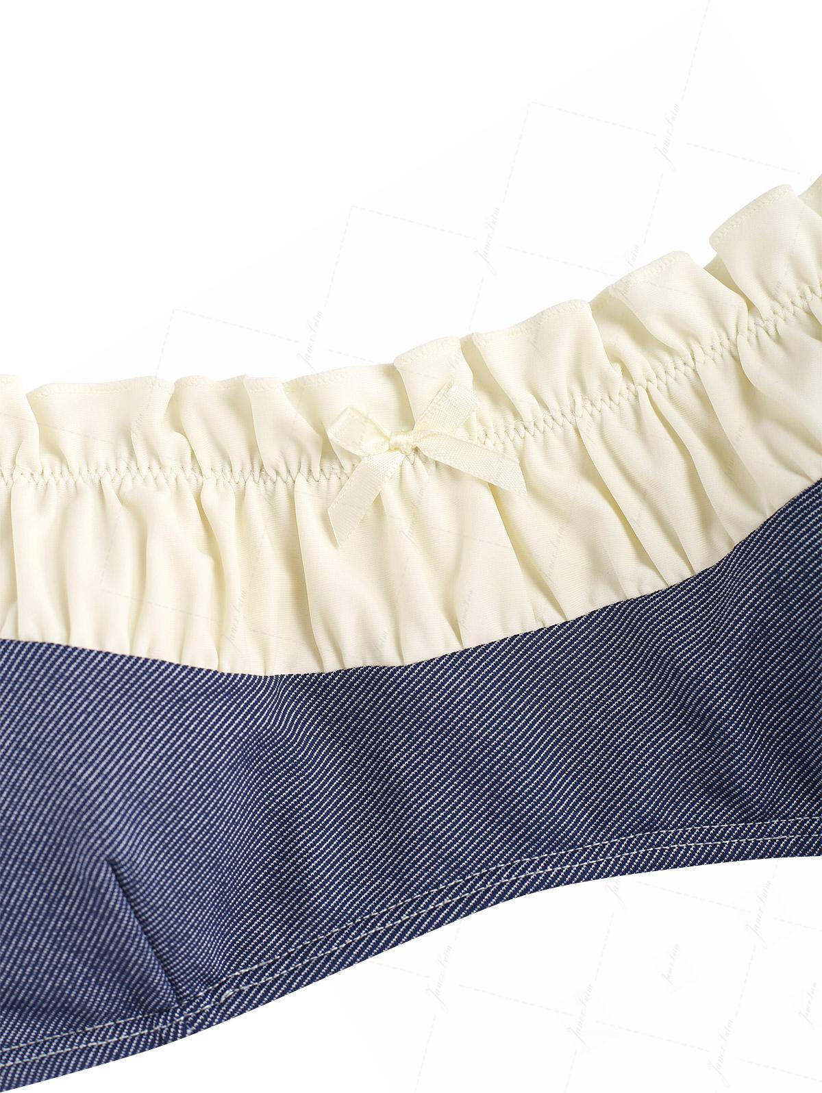 Dunkelblaues Denim-Bikini-Oberteil mit gerafften Rüschen und Schleife - Image 3