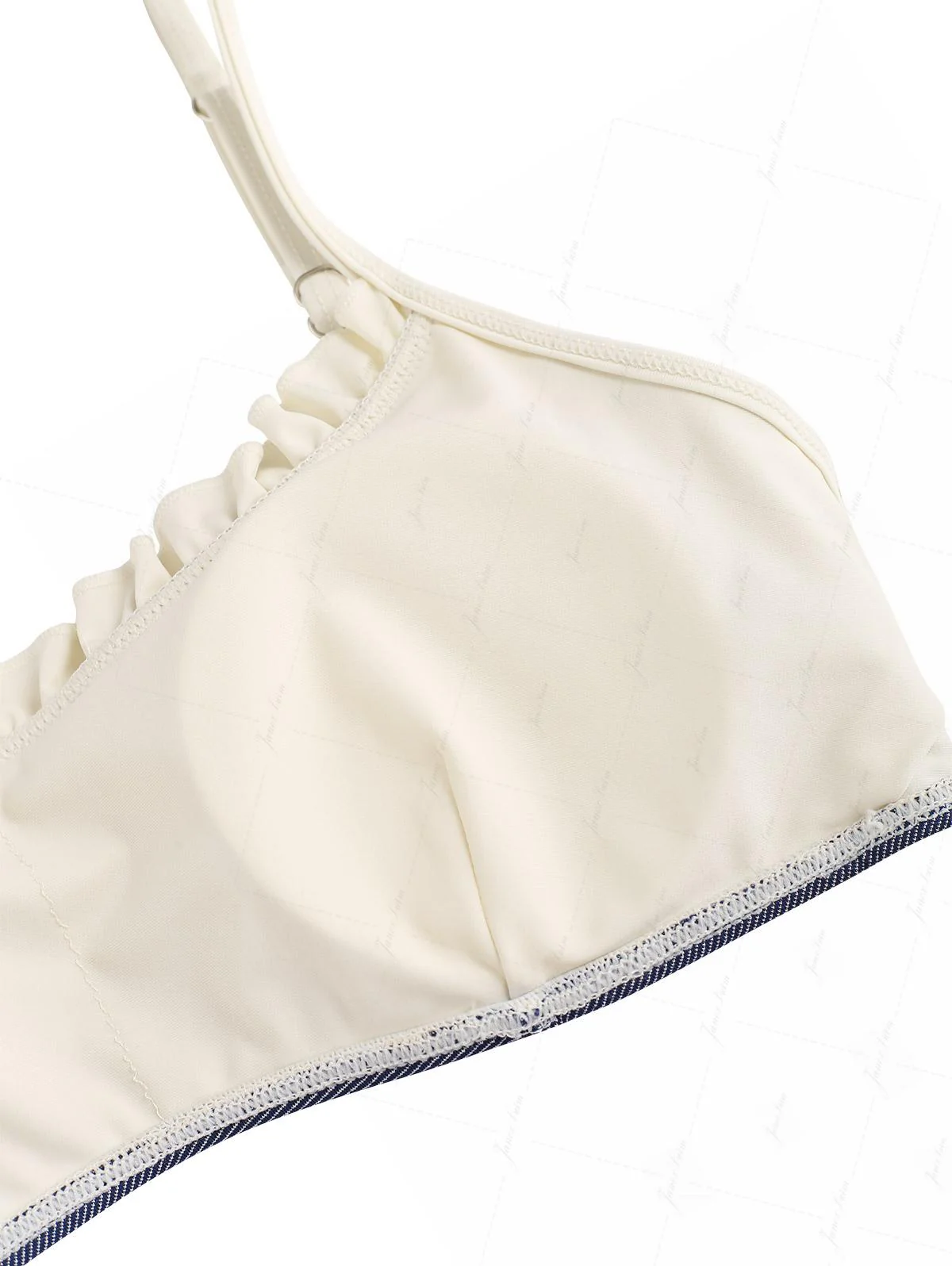 Dunkelblaues Denim-Bikini-Oberteil mit gerafften Rüschen und Schleife - Image 4