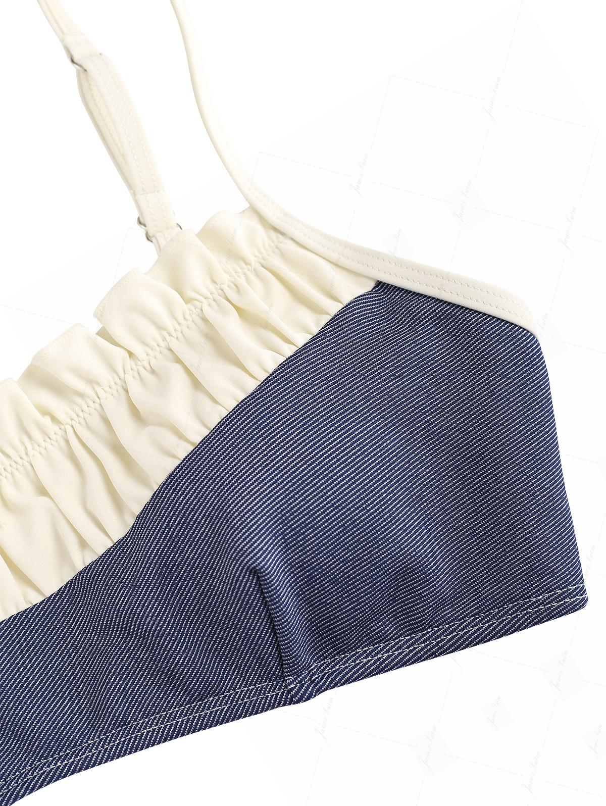 Dunkelblaues Denim-Bikini-Oberteil mit gerafften Rüschen und Schleife - Image 5