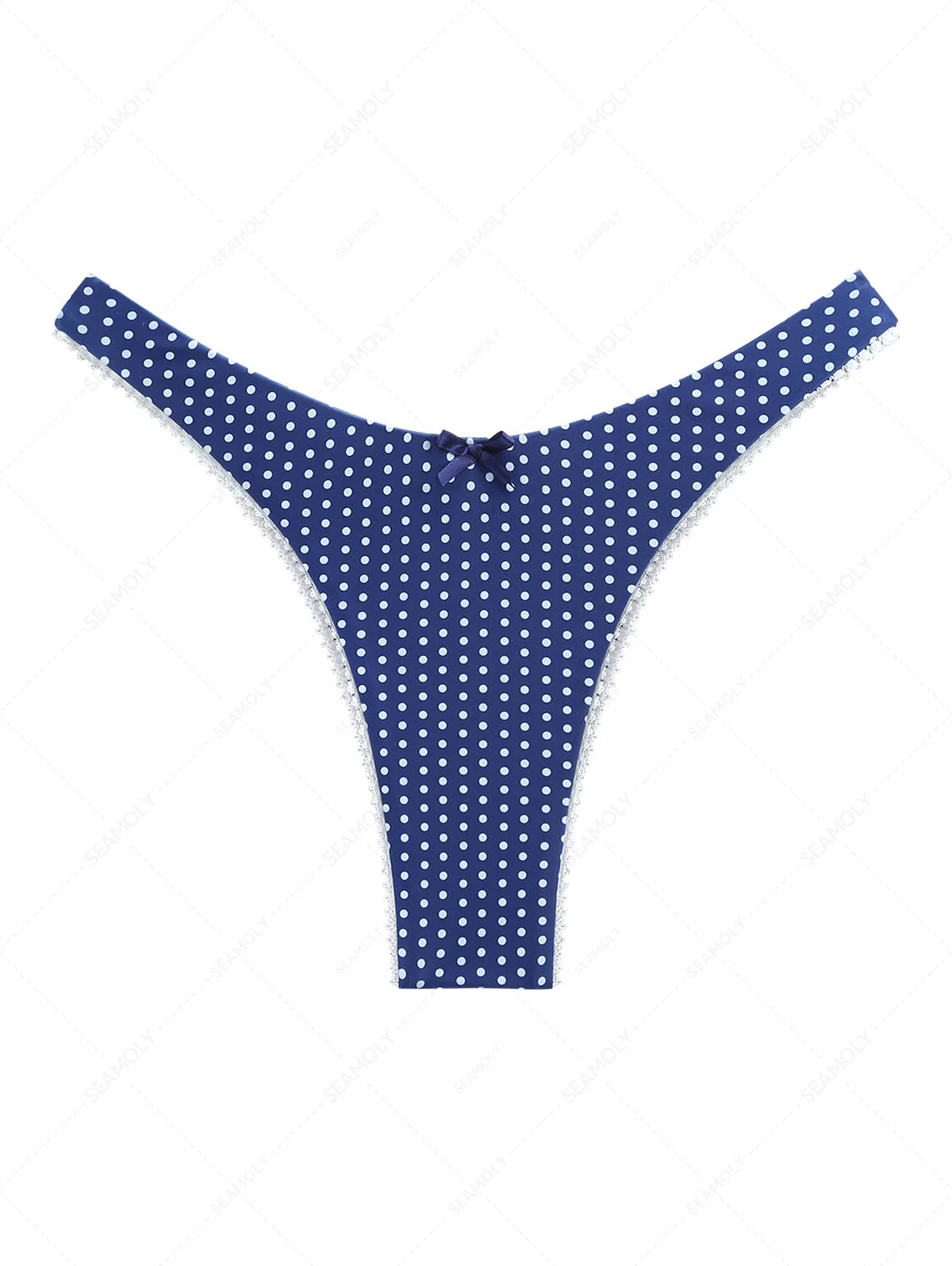 Tiefblaue, gepunktete Bikinihose mit Schleife und Spitze