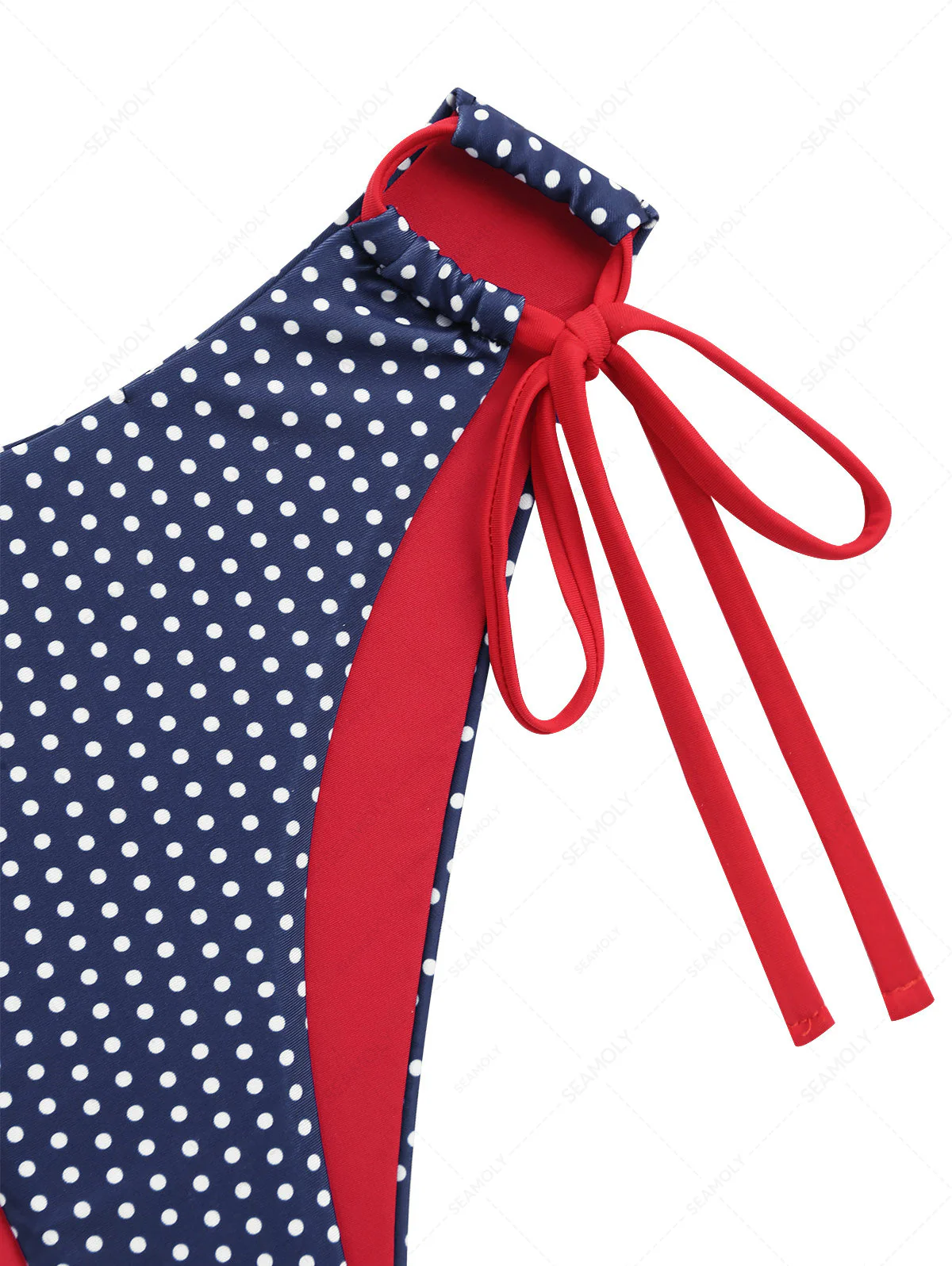 Dunkelblaues Bikinihöschen mit kontrastierenden Polka-Dots, seitlichem Bindeband und Hüftform für den 4. Juli - Image 3