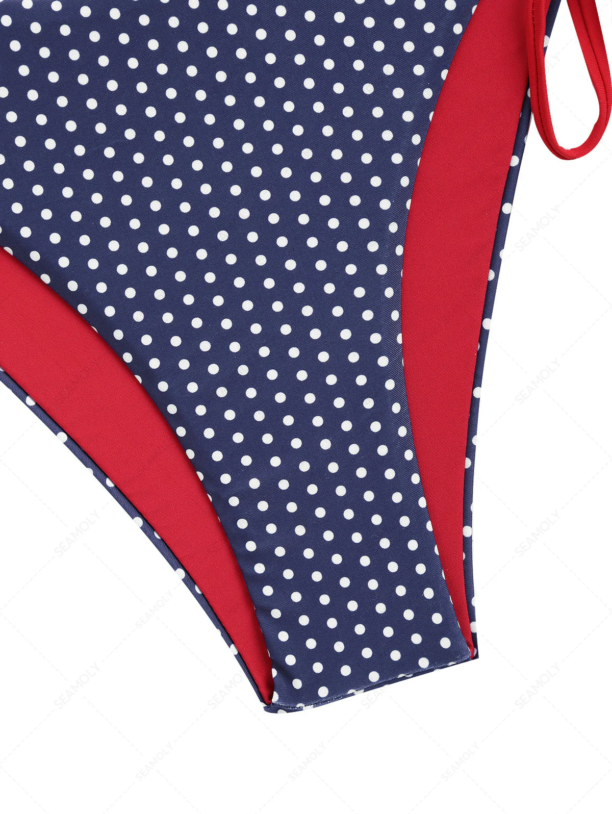 Dunkelblaues Bikinihöschen mit kontrastierenden Polka-Dots, seitlichem Bindeband und Hüftform für den 4. Juli - Image 4