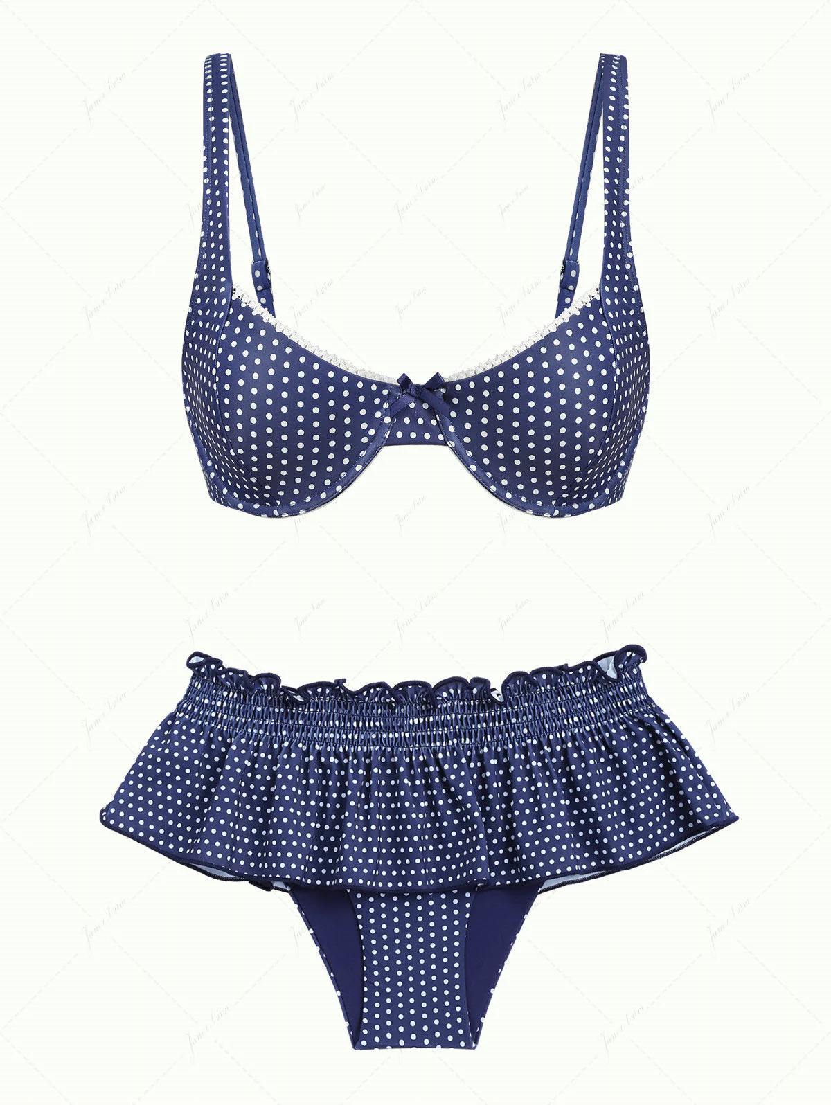 Deep Blue Polka Dot Lace Bowknot Underwire Skirtini Bikini Set