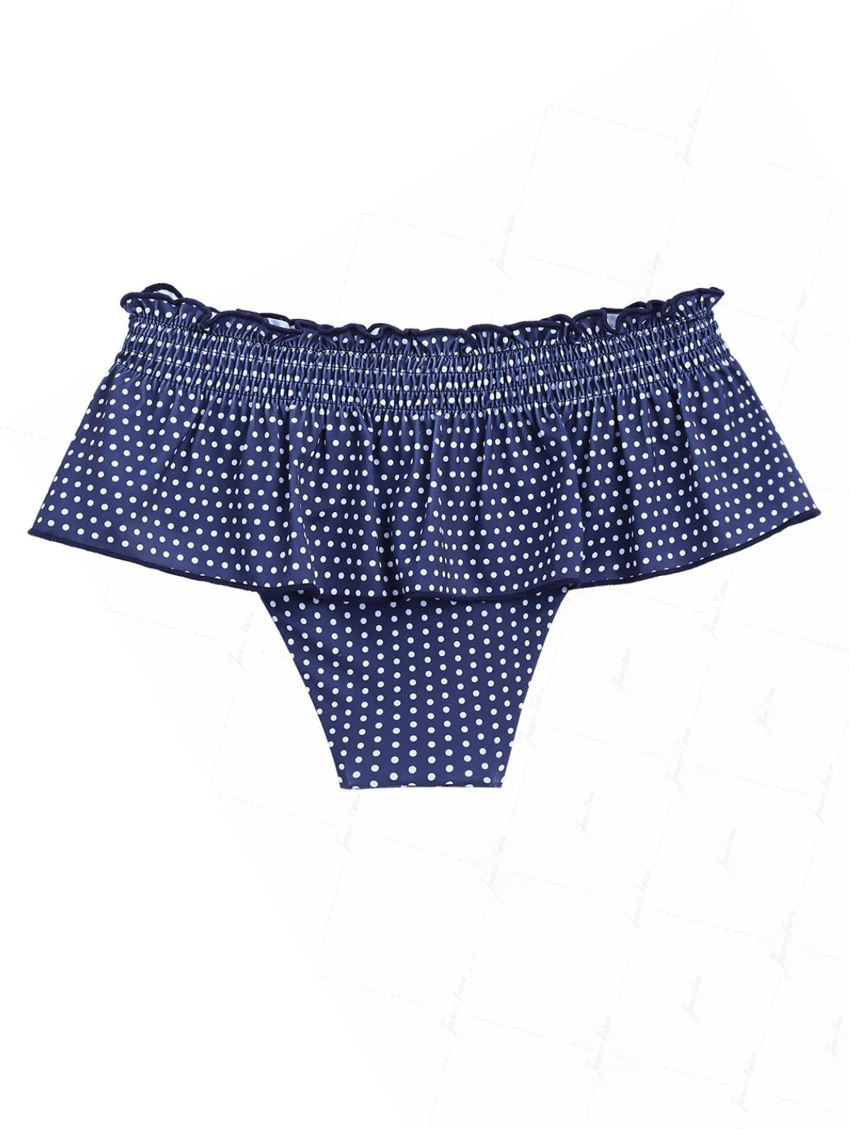 Dunkelblaues Bikinihöschen mit Polka-Dots, gesmokten Rüschen und Schößchenrock - Image 7