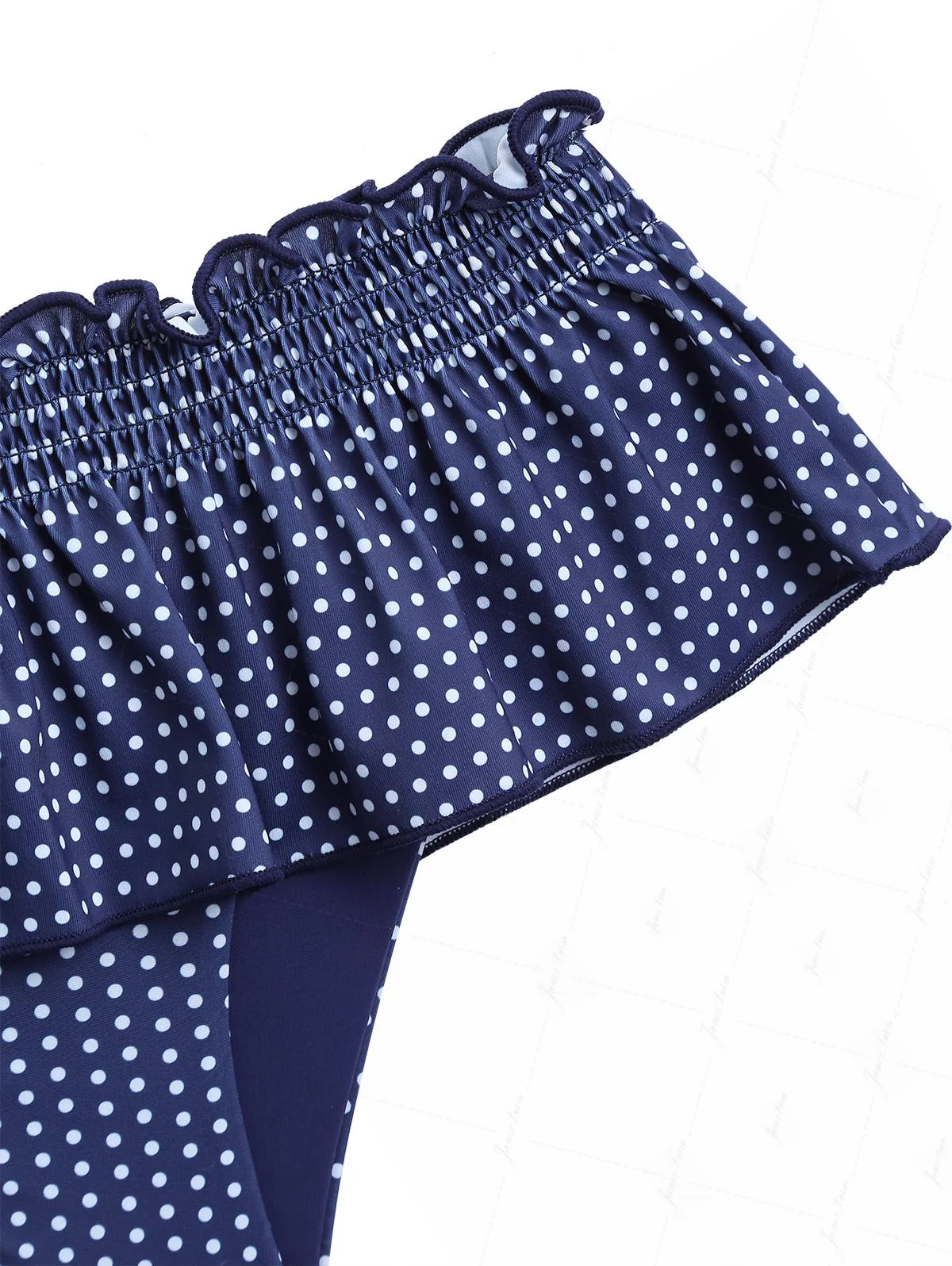 Dunkelblaues Bikinihöschen mit Polka-Dots, gesmokten Rüschen und Schößchenrock - Image 8